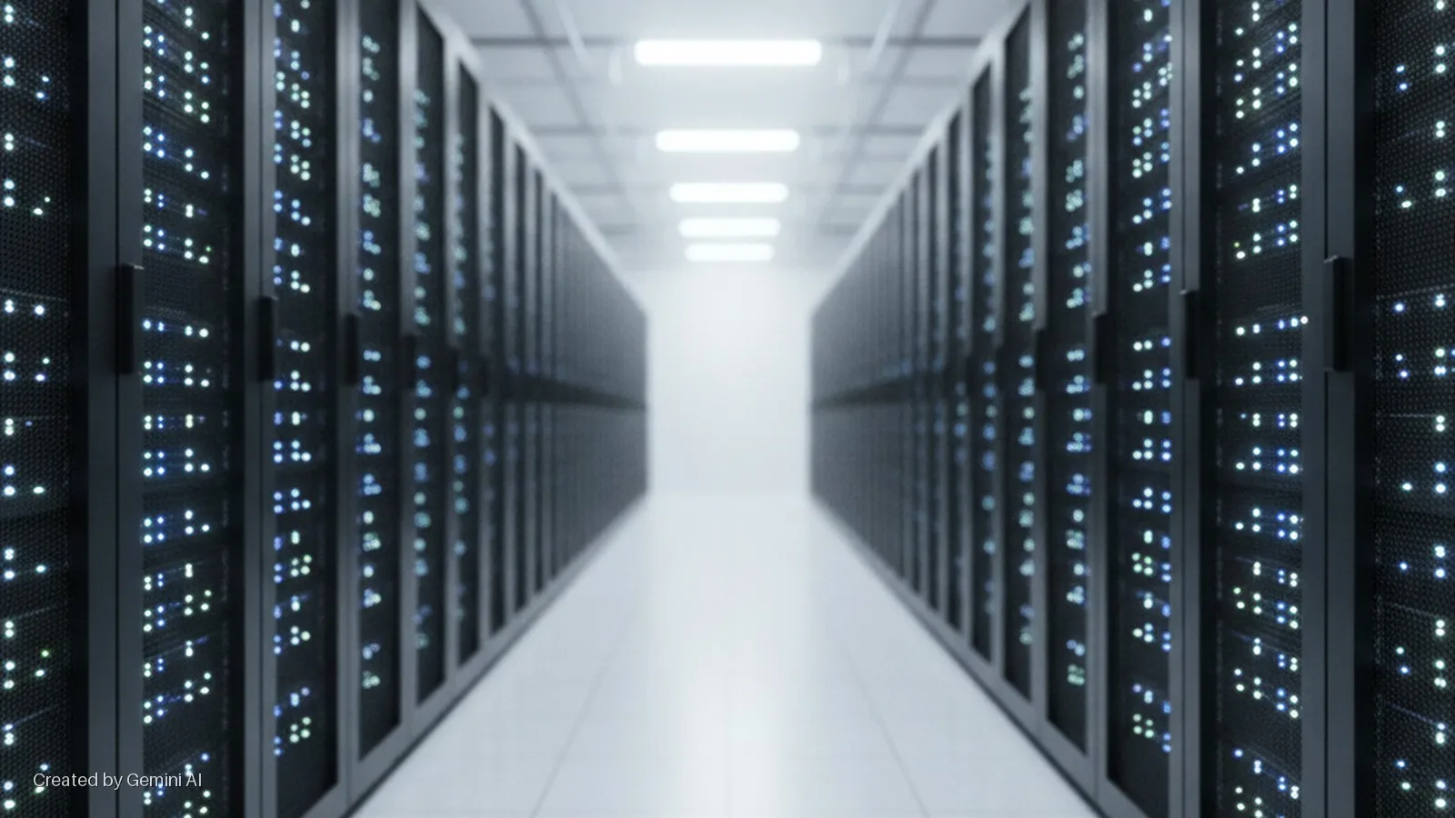 A brightly lit data center aisle features symmetrical rows of black server racks with numerous glowing blue and green LED indicator lights.