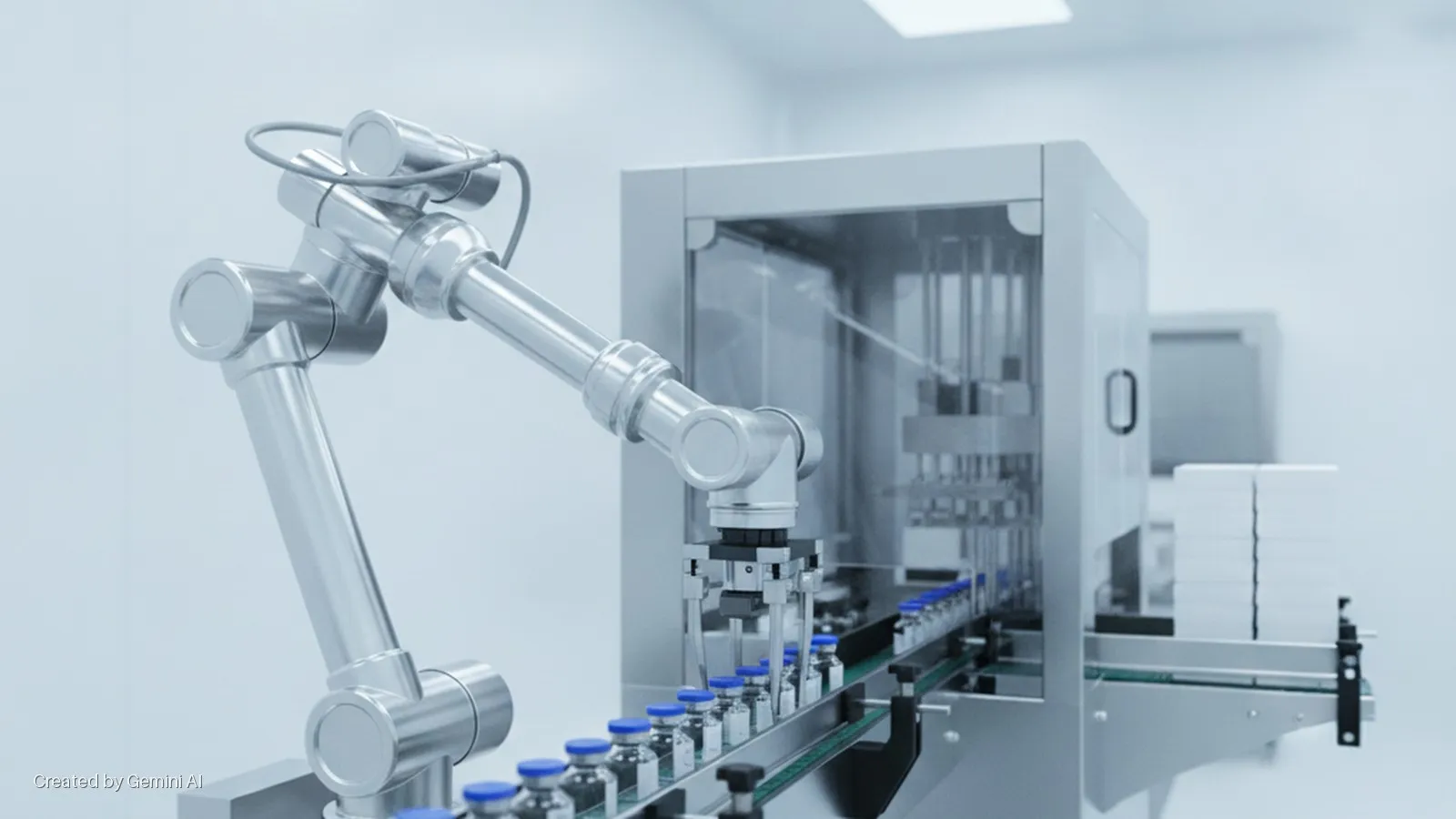 In a brightly lit clean room, a silver robotic arm works over a conveyor belt carrying glass vials with blue caps towards a processing machine and stacks of white packaging boxes.