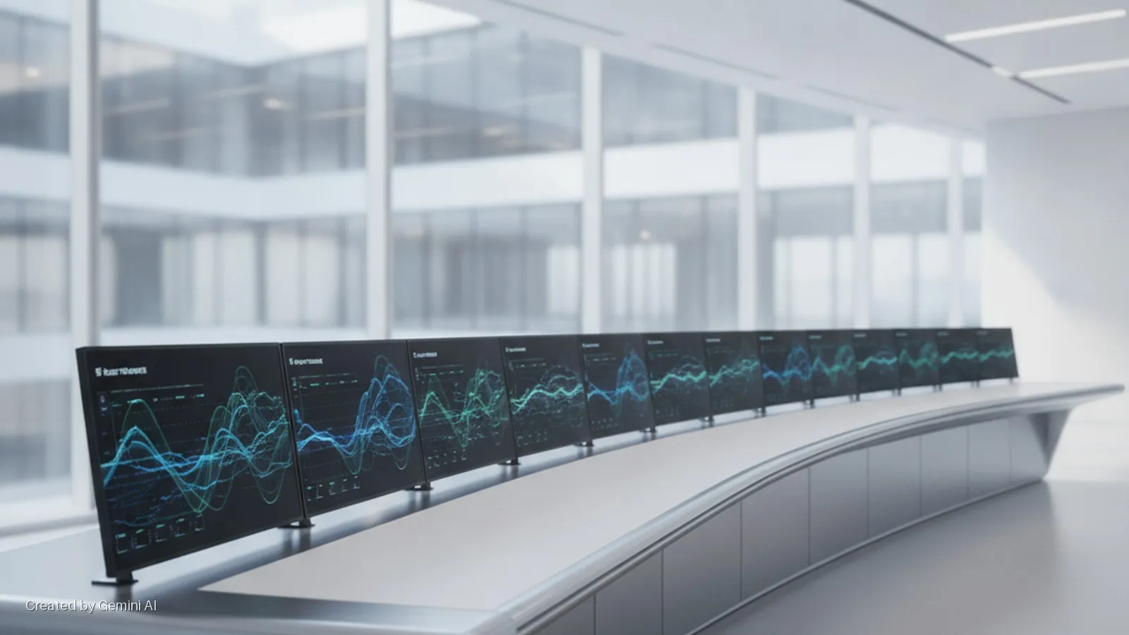 A modern control room features a long, curved desk with a row of monitors displaying blue and green waveform graphics, illuminated by bright natural light from large windows.