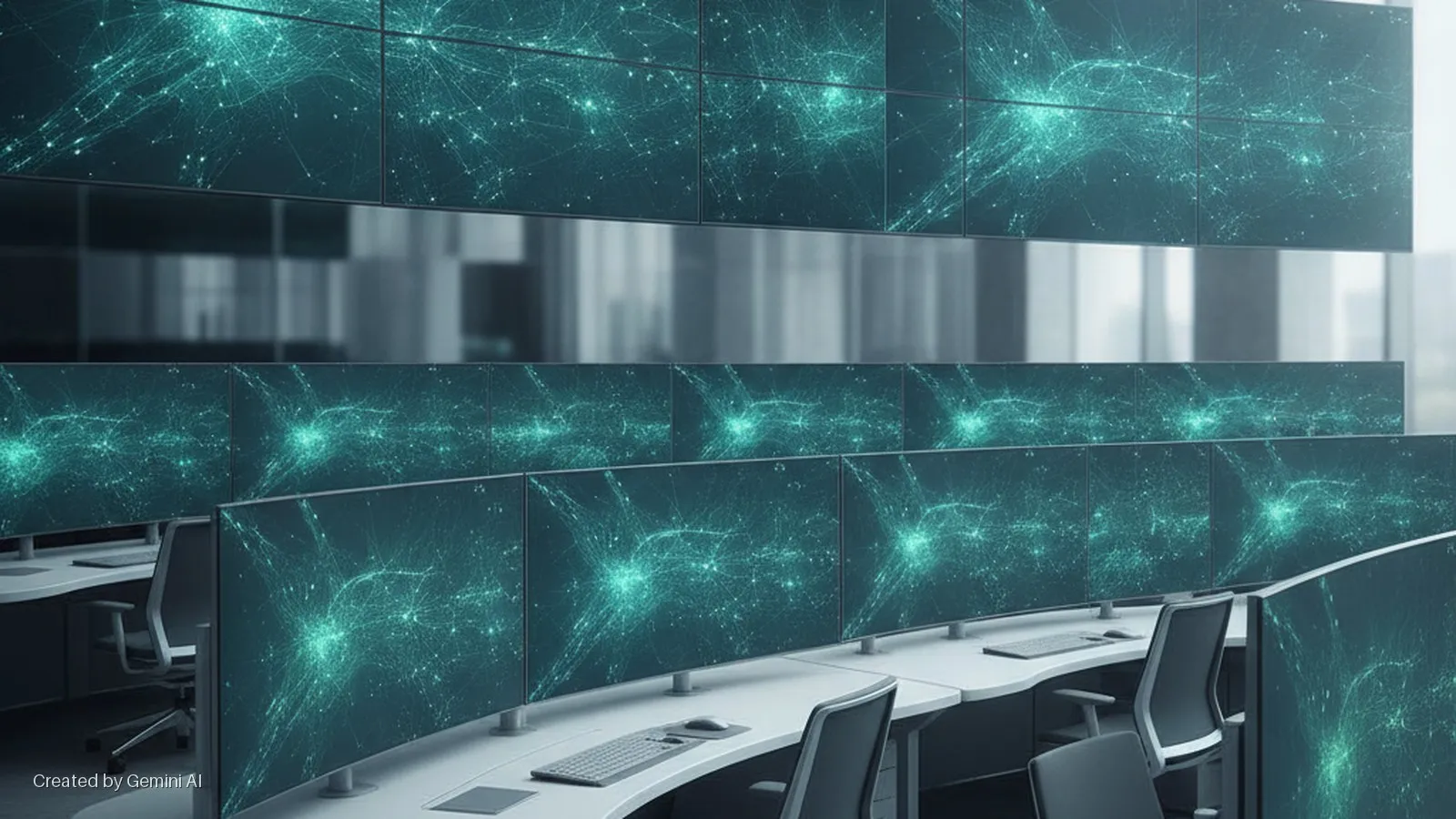 A modern control room features a large video wall and multiple curved workstations, each with several monitors displaying bright teal network patterns, along with keyboards, mice, and office chairs.