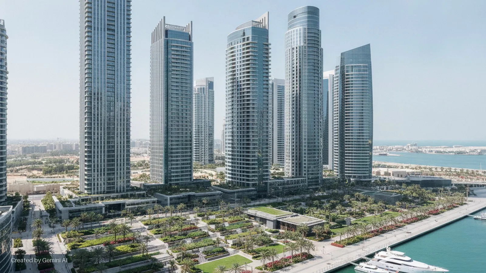 An aerial view shows several glass skyscrapers towering over a landscaped park with palm trees, a waterfront promenade, and a marina with white yachts docked, all under clear daylight.