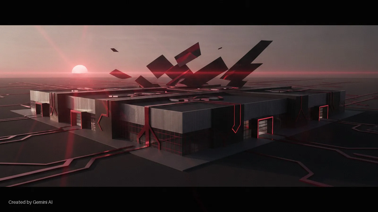 A dark, multi-sectioned futuristic building with glowing red outlines stands on a planar surface crisscrossed by red glowing lines, beneath a radiant red sunset and an array of sharp, fragmented red and black shapes hovering above.