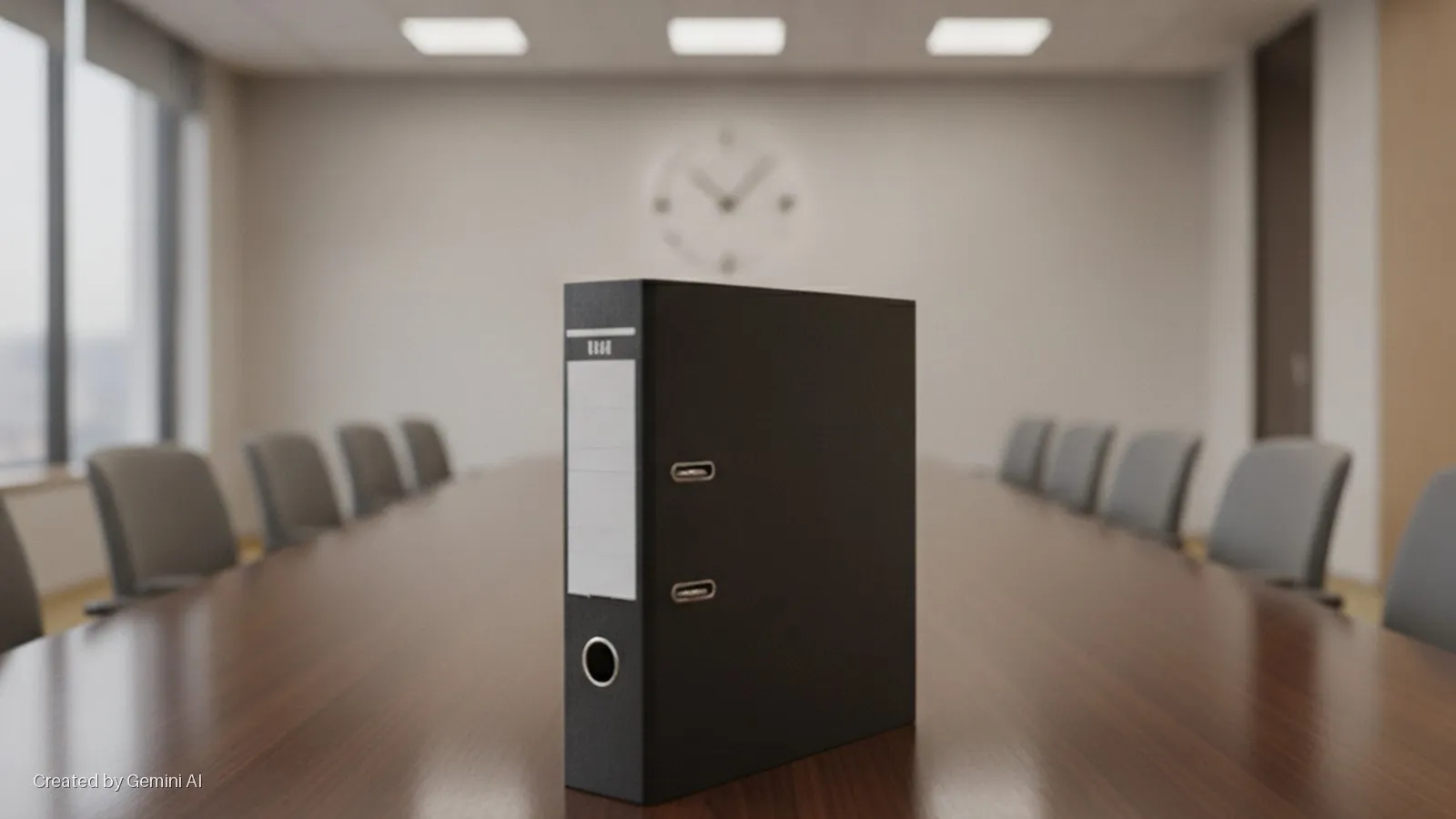 A black binder with a white label stands on a polished wooden conference table, centered in a bright modern office with blurred grey chairs, a window, a wall clock, and overhead lights.