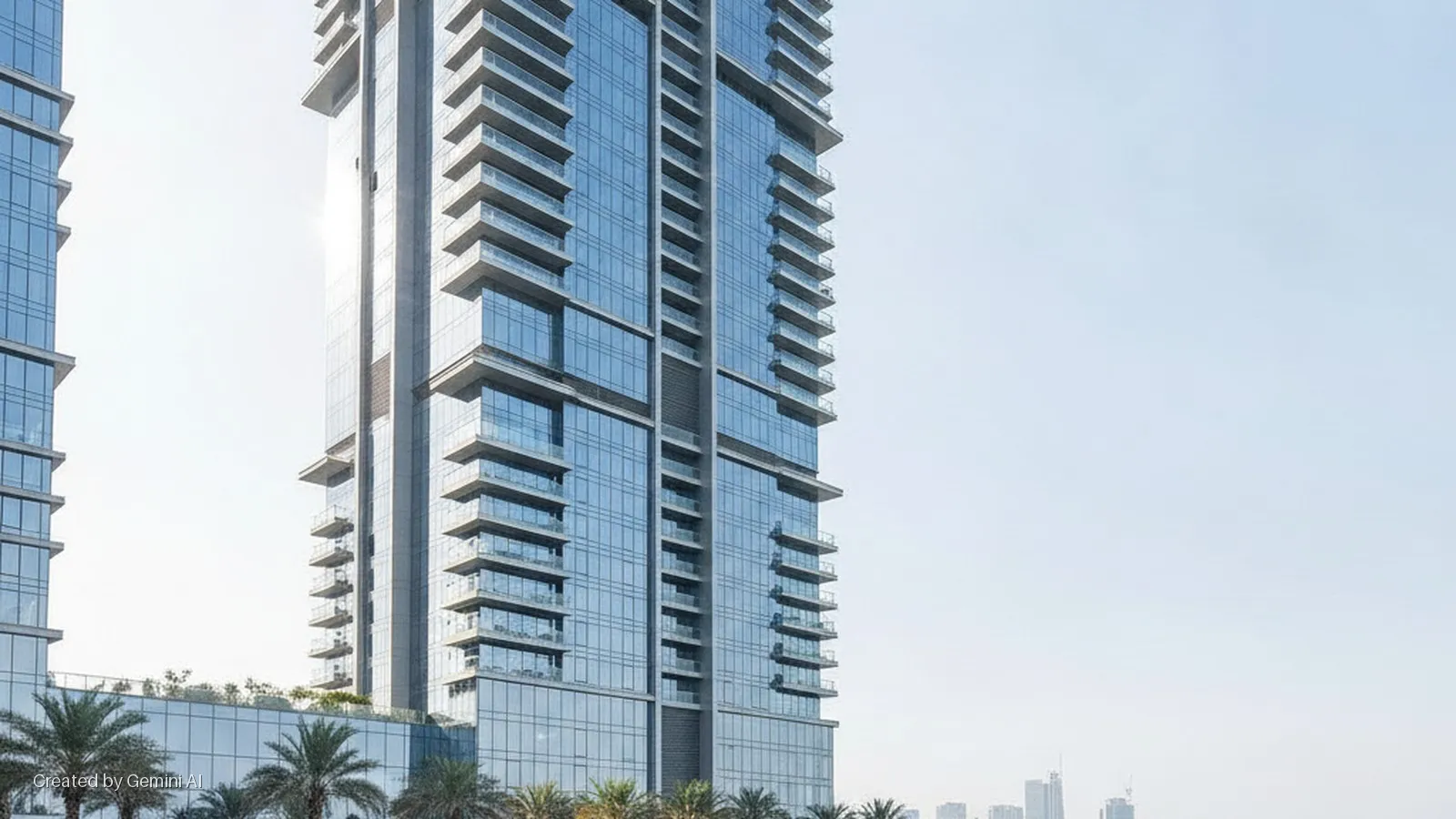 Two modern glass skyscrapers with numerous balconies and palm trees below, captured during bright daylight with sunlight reflecting off the building on the right, and a distant cityscape visible on the horizon.