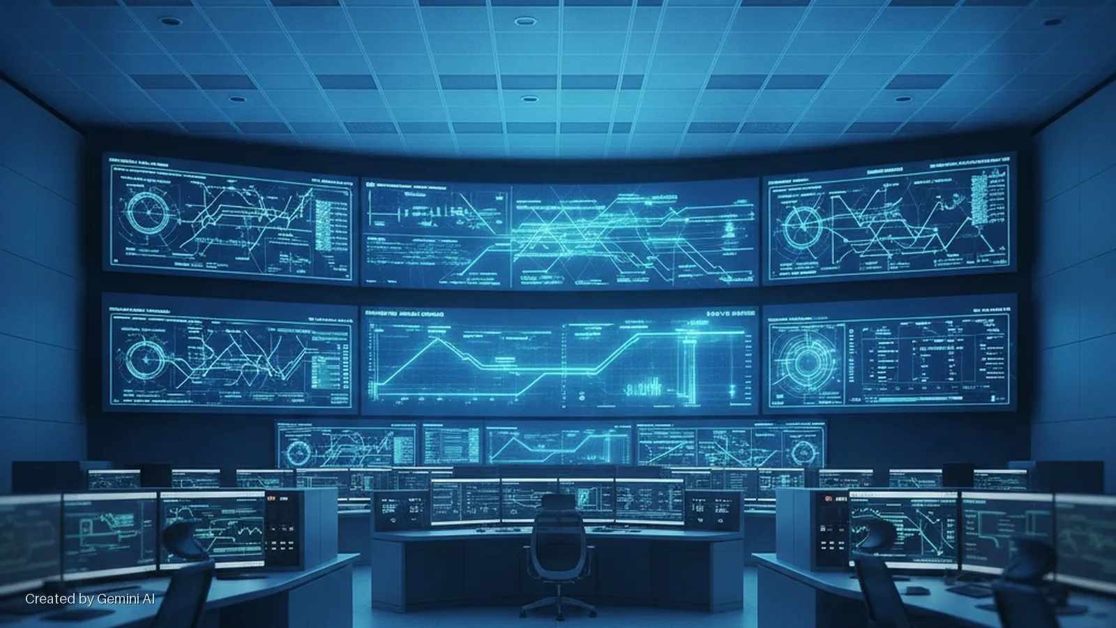 A dark control room features a large curved wall of screens displaying glowing blue charts and data, with multiple workstations equipped with desktop monitors and chairs in the foreground, all illuminated by the displays.