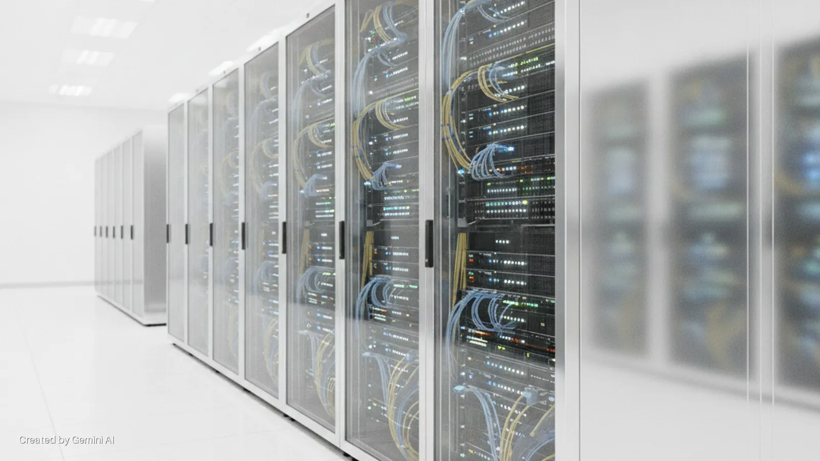 A brightly lit data center aisle features rows of server racks, some with glass doors revealing active servers and colorful network cables, with more racks receding into the background.