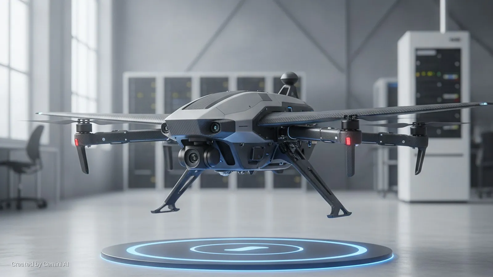 A gray and black quadcopter drone with an underslung camera hovers over a glowing blue circular landing pad in a brightly lit modern office or server room.