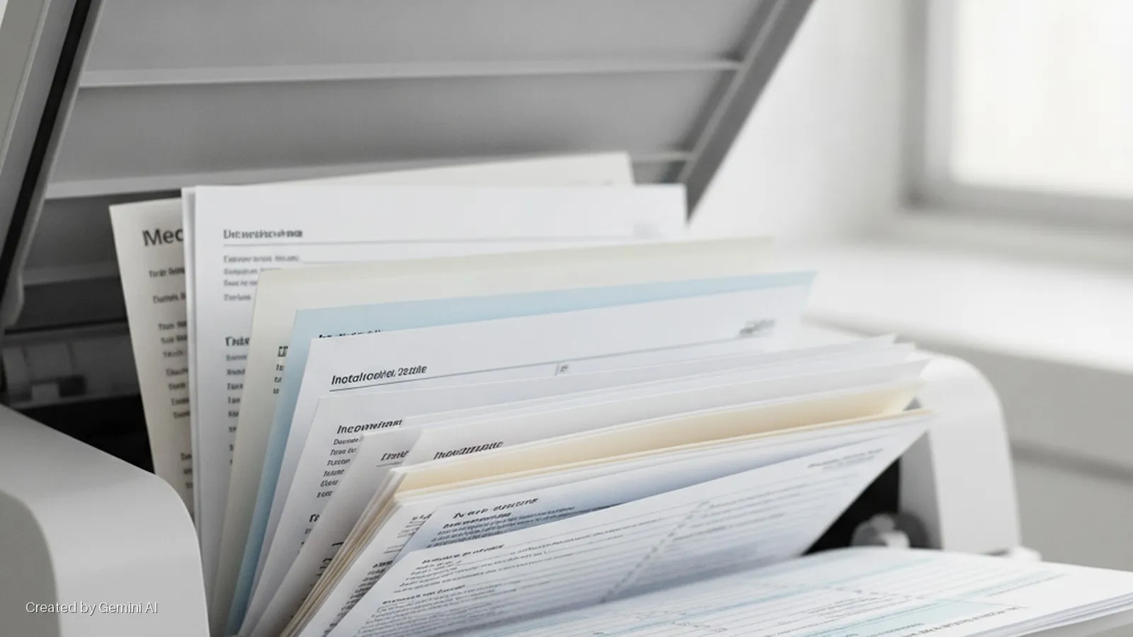 A document feeder is loaded with a stack of white and colored documents displaying text, illuminated by bright daylight from a background window.