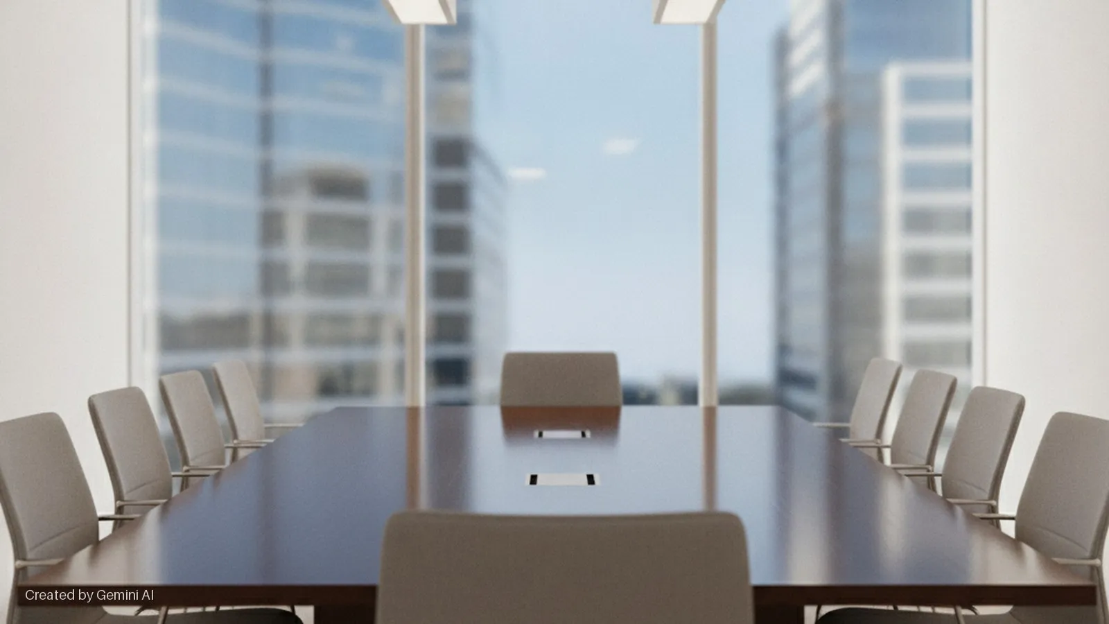 A modern corporate conference room features a long, reflective wooden table surrounded by numerous grey chairs, with large windows overlooking blurred city buildings and lit by overhead rectangular fixtures and natural light.