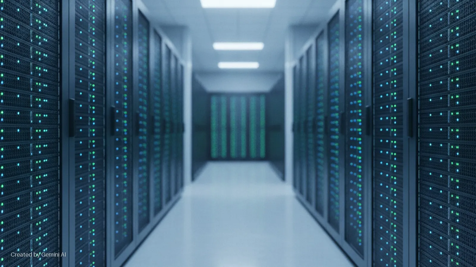 An aisle in a modern data center with rows of black server racks on both sides, displaying numerous glowing green and blue LED indicator lights, illuminated by bright overhead fluorescent lights.