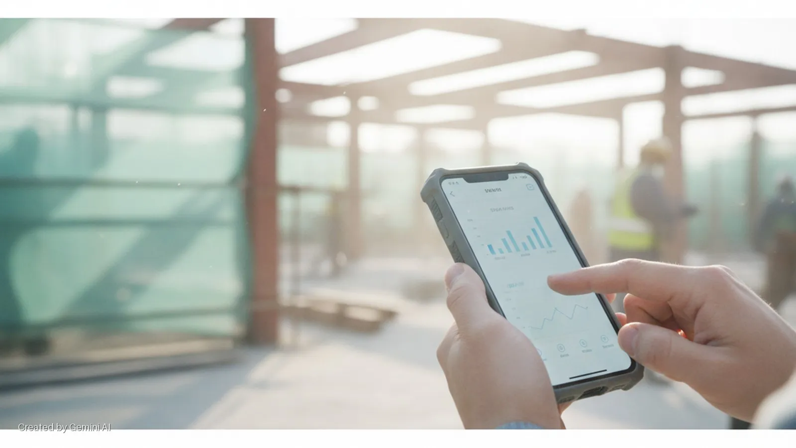 Hands hold a rugged smartphone displaying data graphs, set against a brightly lit, hazy construction site with glass walls and steel beams.