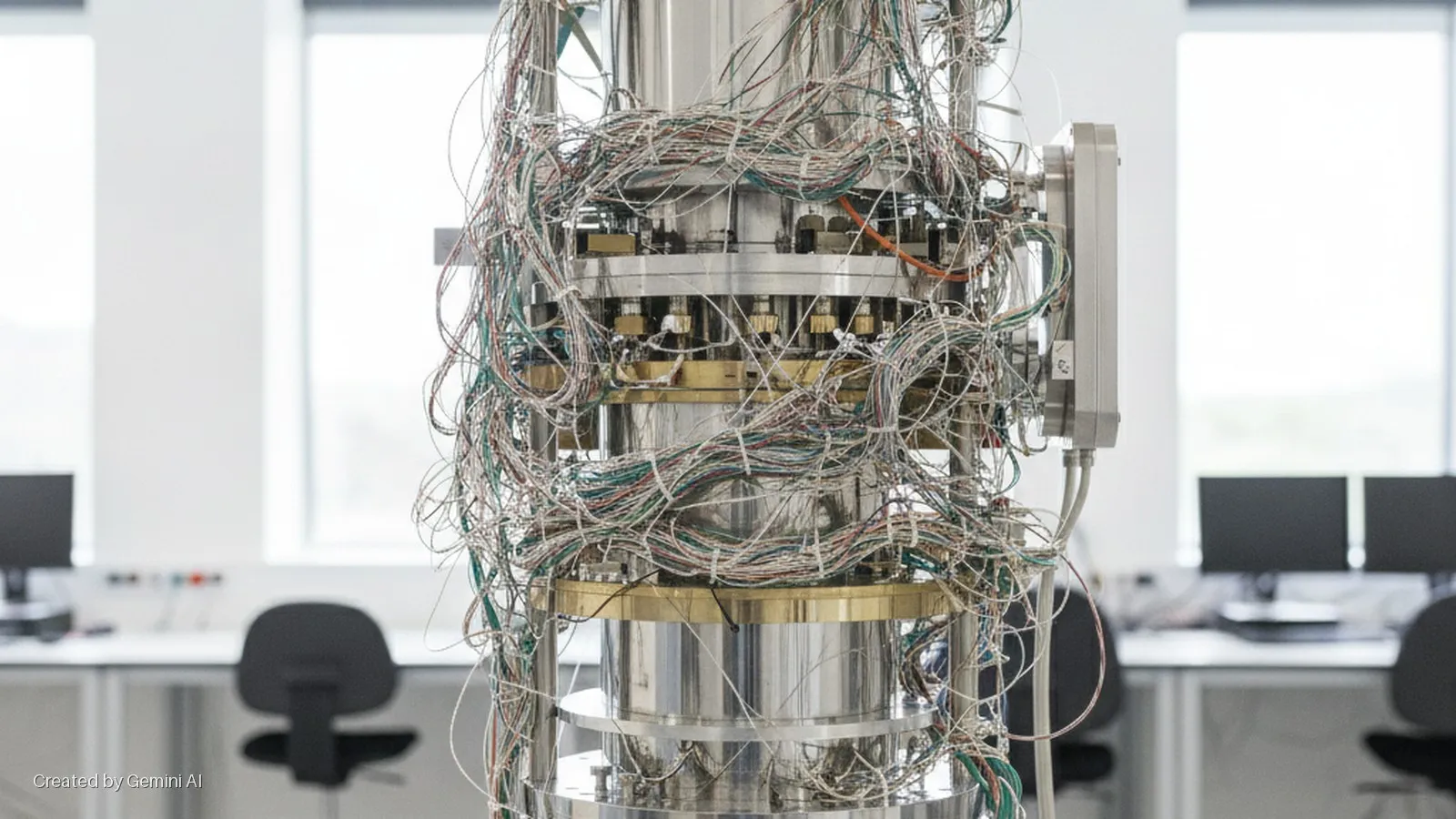 An extensively wired, multi-stage cylindrical metallic scientific apparatus stands in a bright laboratory with desks, chairs, and computer monitors visible through large windows.