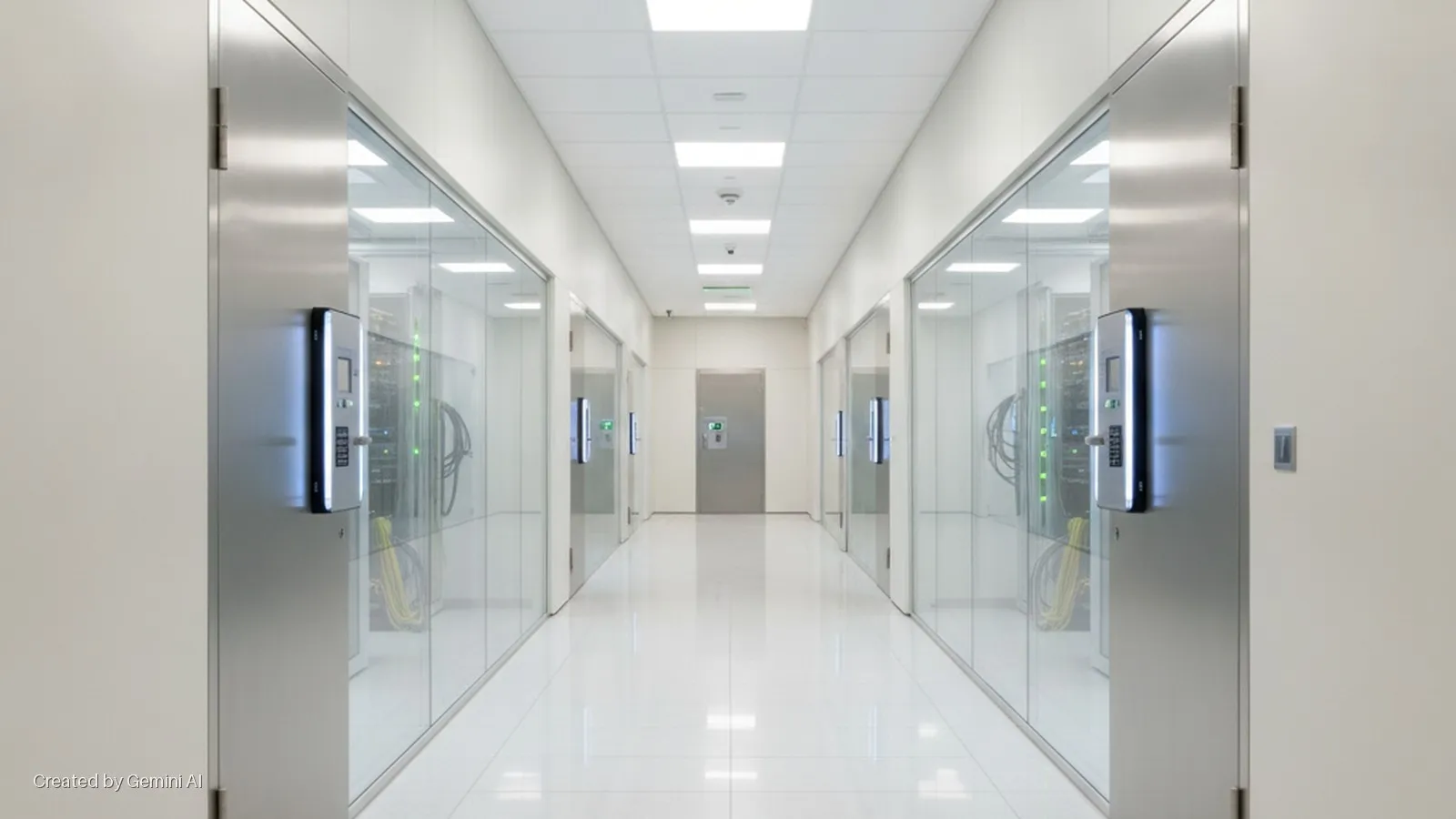 A brightly lit, modern hallway features glass walls displaying server racks, flanked by stainless steel doors with digital access panels, and a closed door at the far end.