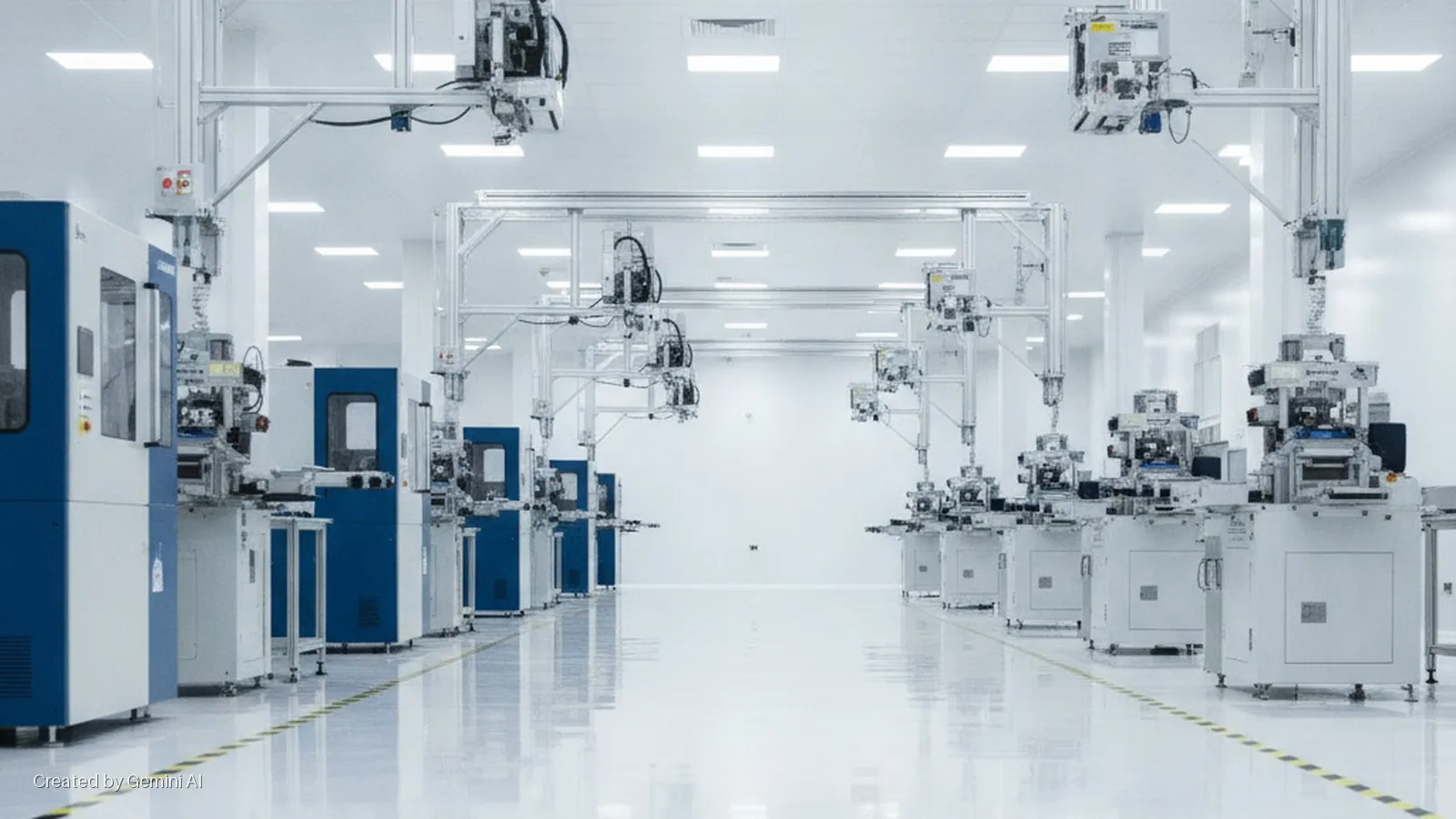 Brightly lit cleanroom with parallel rows of white and blue industrial manufacturing machines, overhead equipment gantries, and a reflective floor with yellow and black hazard tape.