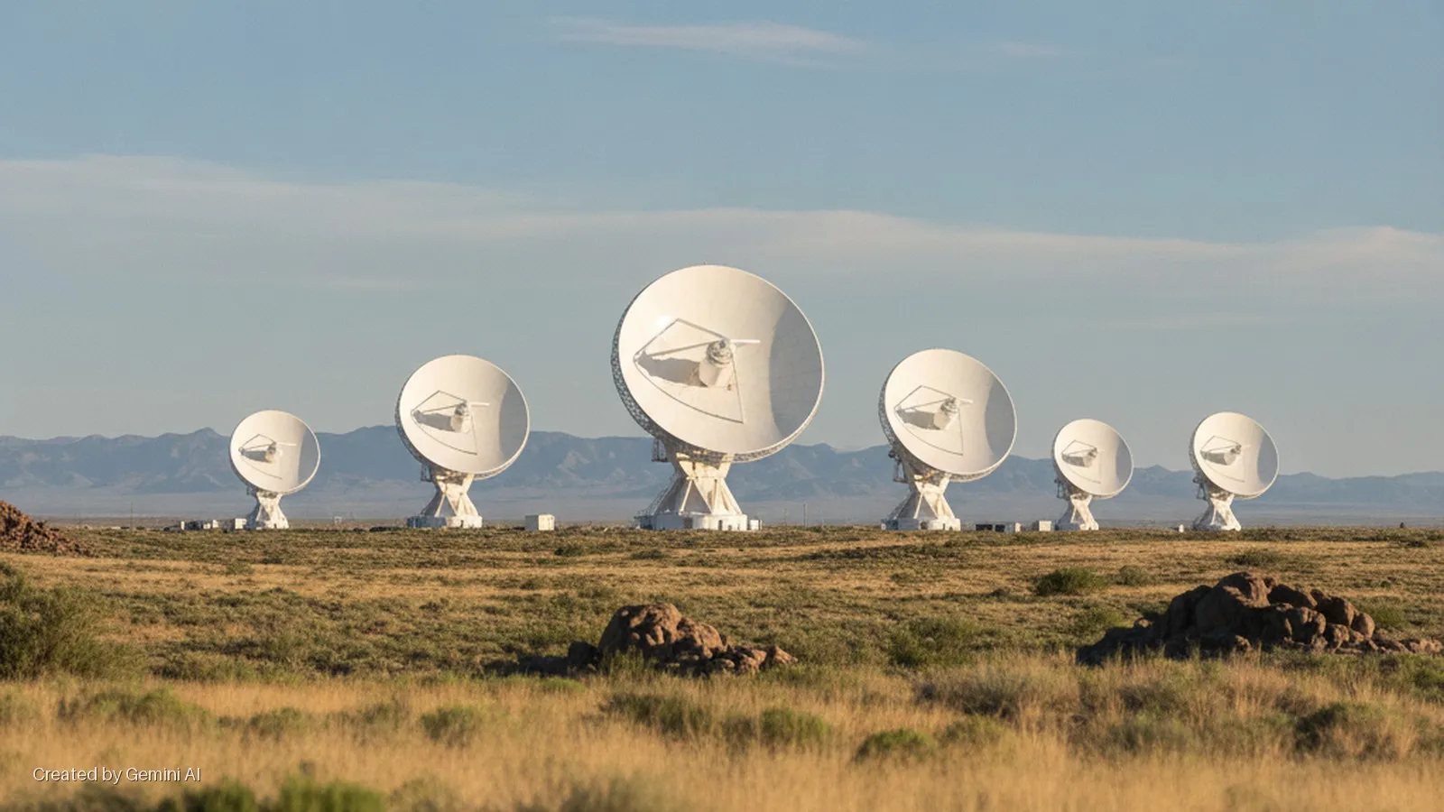 An array of seven large white radio telescope dishes stands across a sunlit, dry grassy plain with scattered rocks and distant mountains under a clear sky.
