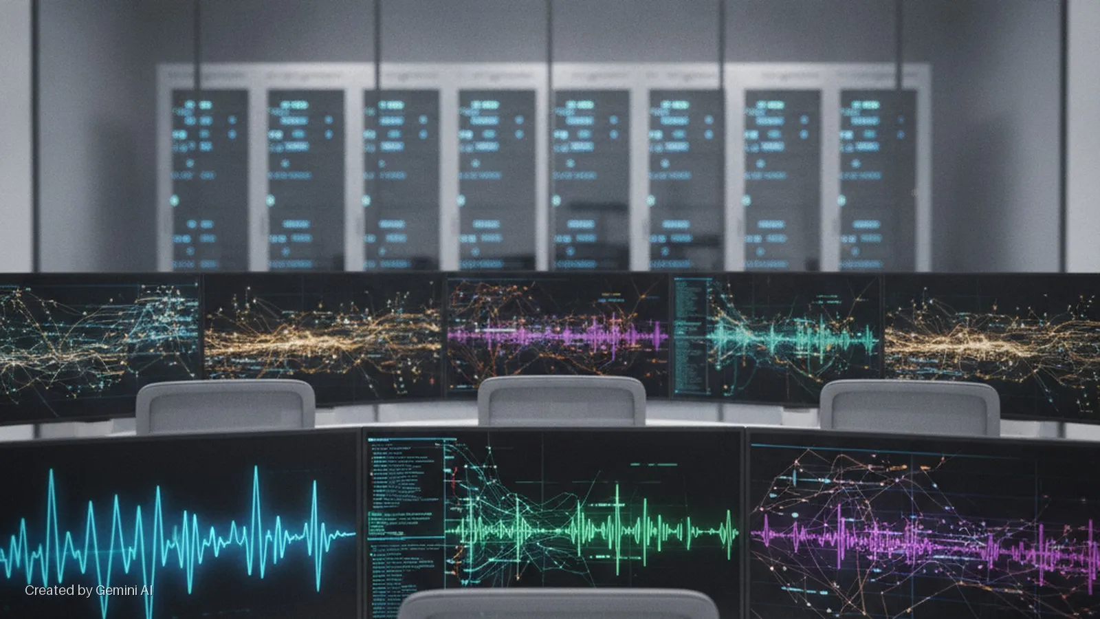 A dimly lit data center control room features an arc of glowing monitors displaying vibrant data visualizations, with chairs in the foreground and blurred server racks in the background.