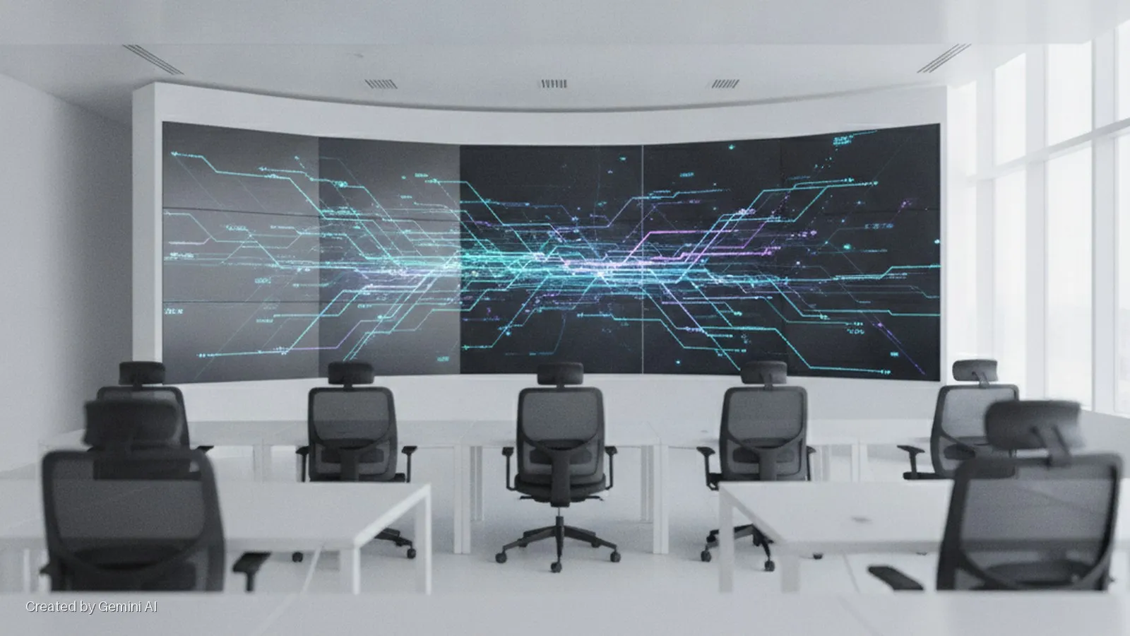 A brightly lit modern meeting room with white walls and desks features a large curved display screen showing abstract blue and pink digital lines, with several black office chairs arranged in rows.