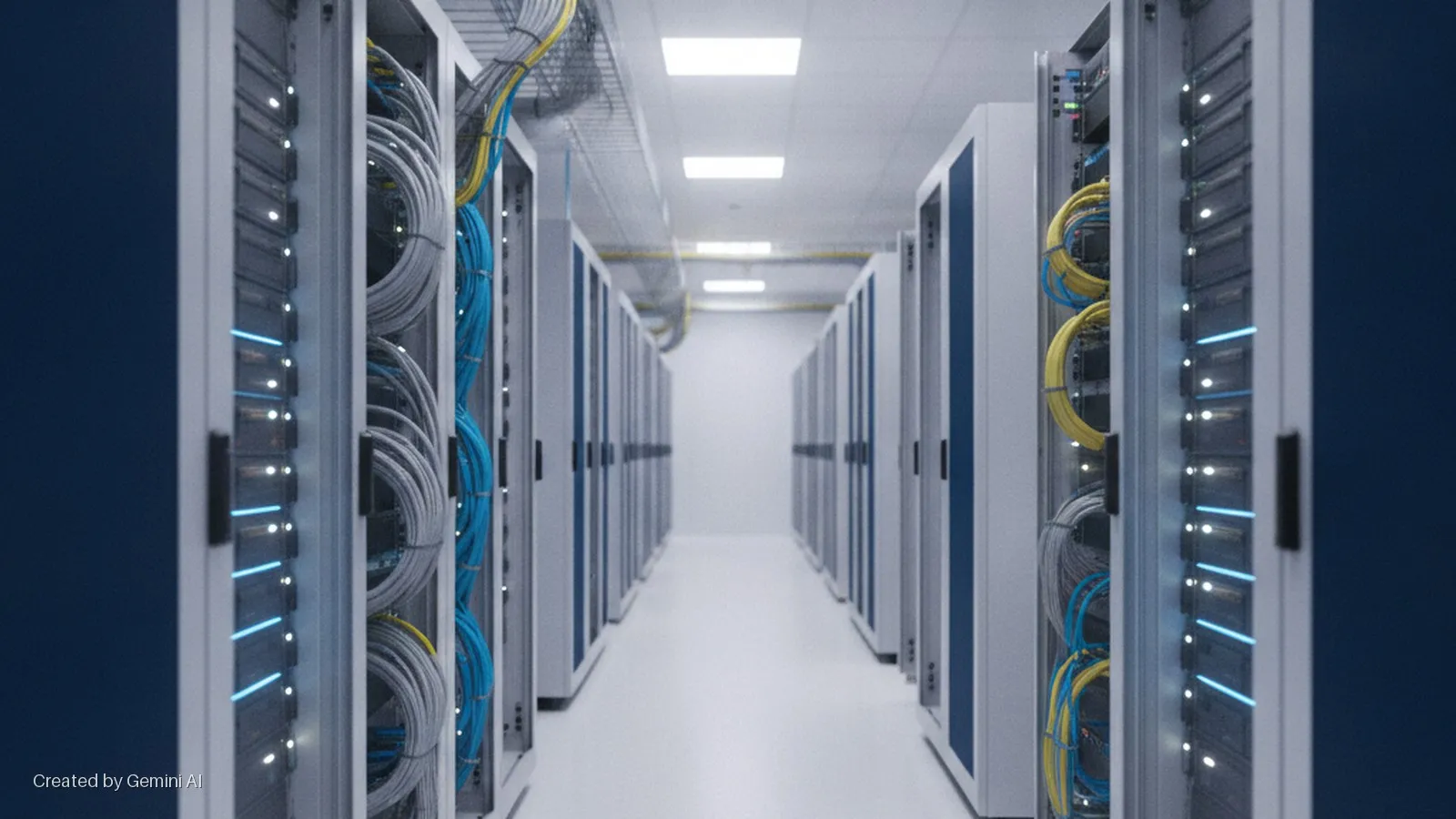 A well-lit data center hallway extends into the distance, flanked by rows of server racks displaying blue and white indicator lights and organized blue, yellow, and grey cables, under bright overhead fluorescent lights.
