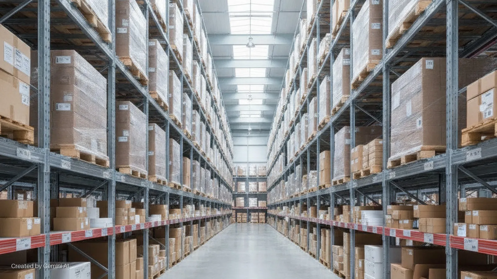 A long, brightly lit warehouse aisle with a concrete floor, lined with tall metal shelving units filled with numerous cardboard boxes, some shrink-wrapped on wooden pallets, illuminated by skylights and artificial overhead lights.