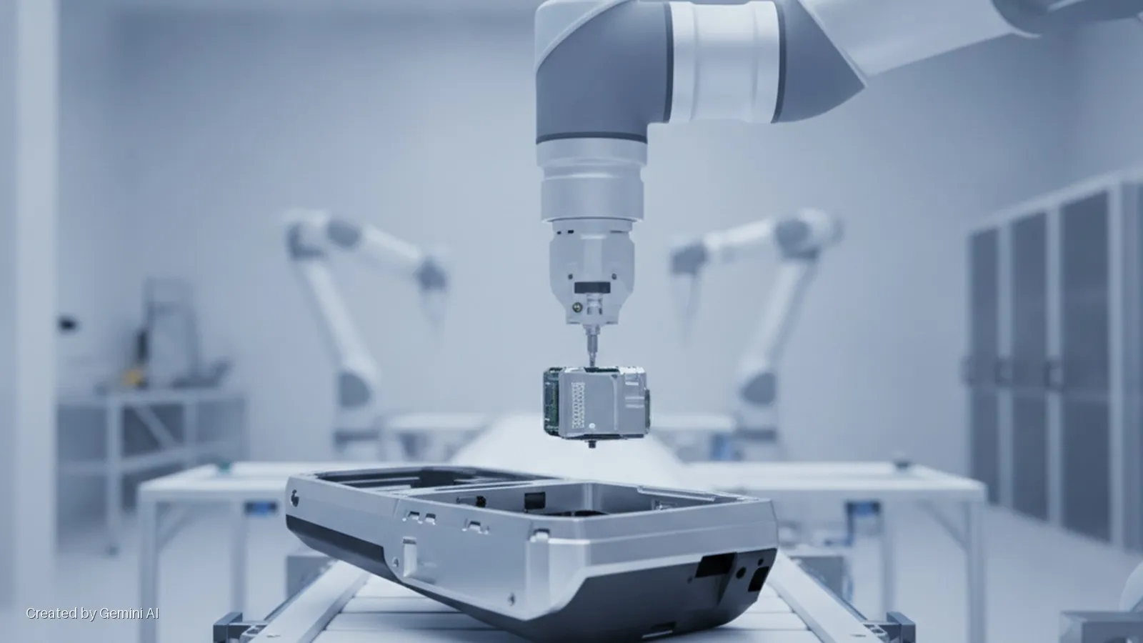 A robotic arm precisely installs an electronic module into a gray device chassis on a workstation, in a brightly lit, sterile facility with other blurred robotic arms and equipment in the background.