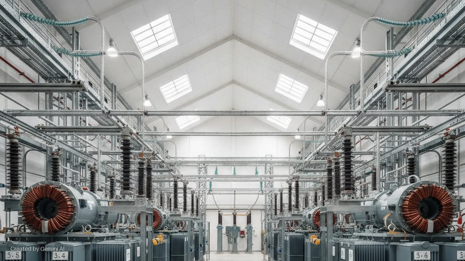 A large indoor electrical substation features rows of grey transformers with visible copper windings, tall black insulators, and an intricate network of metal racks and cabling under a white vaulted ceiling with multiple skylights and brigh