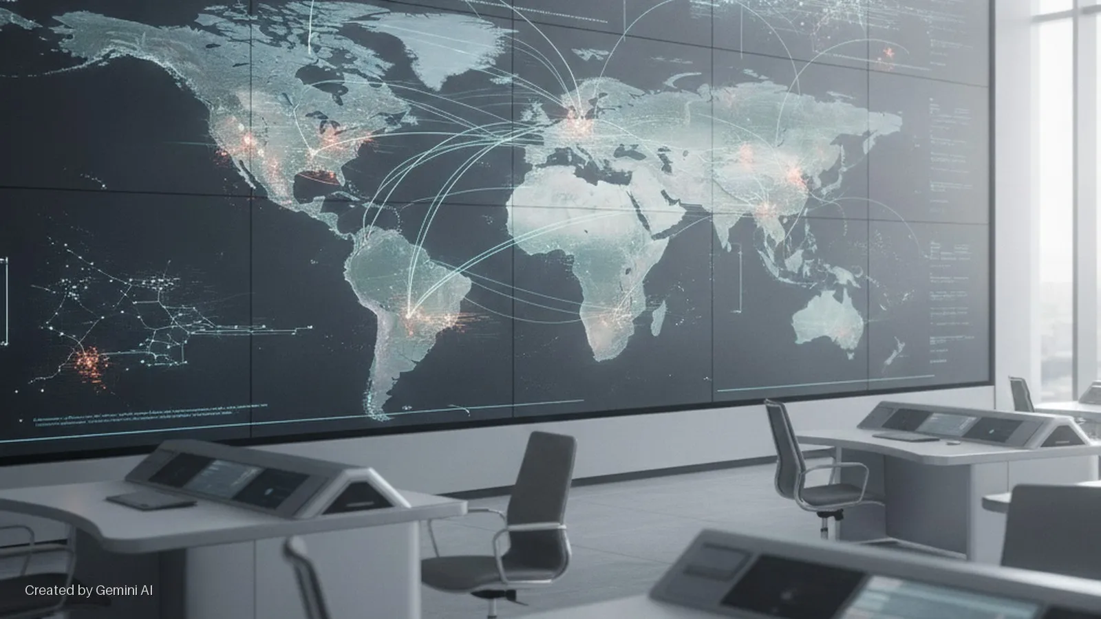A modern control room features a large video wall displaying a world map with glowing connections and data points, surrounded by multiple sleek control desks with built-in screens, all illuminated by bright natural light from large windows 