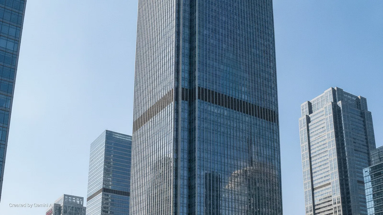 Modern glass skyscrapers tower against a clear blue sky.