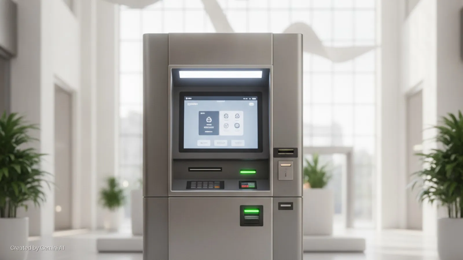 A modern gray ATM with an illuminated screen and green lights on its card and cash slots stands in a brightly lit, minimalist lobby featuring large windows and potted plants.