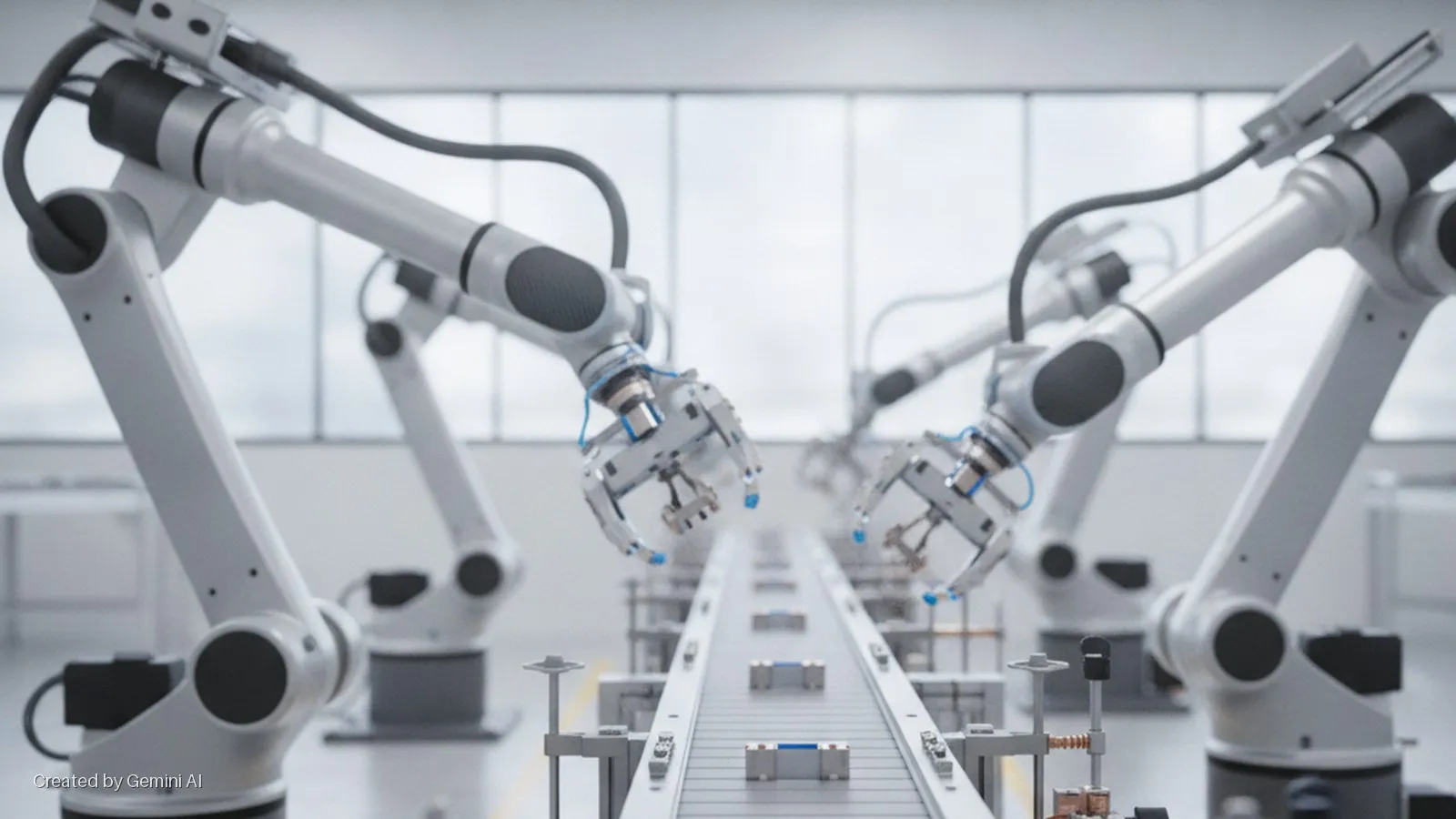 White robotic arms with grippers extend over a conveyor belt carrying grey components in a brightly lit factory with large windows.