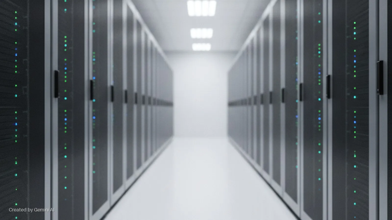 Data center aisle with rows of dark server racks featuring green and blue indicator lights, under bright overhead fluorescent lighting.