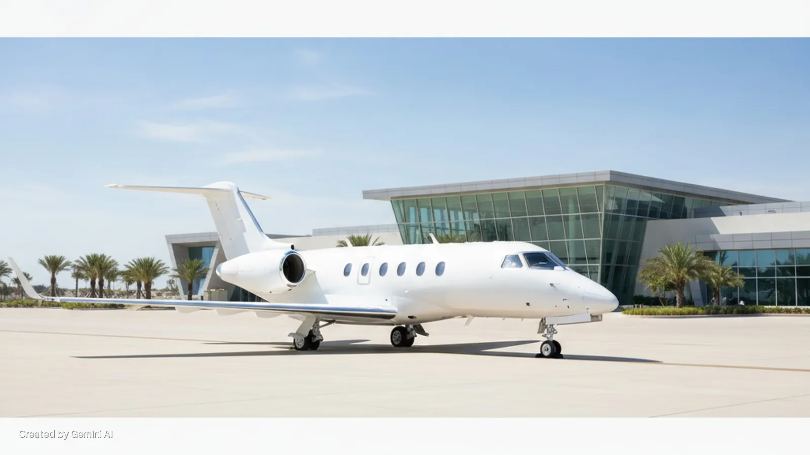 A white private jet is parked on an airport tarmac in front of a modern glass terminal building and palm trees on a bright, sunny day.