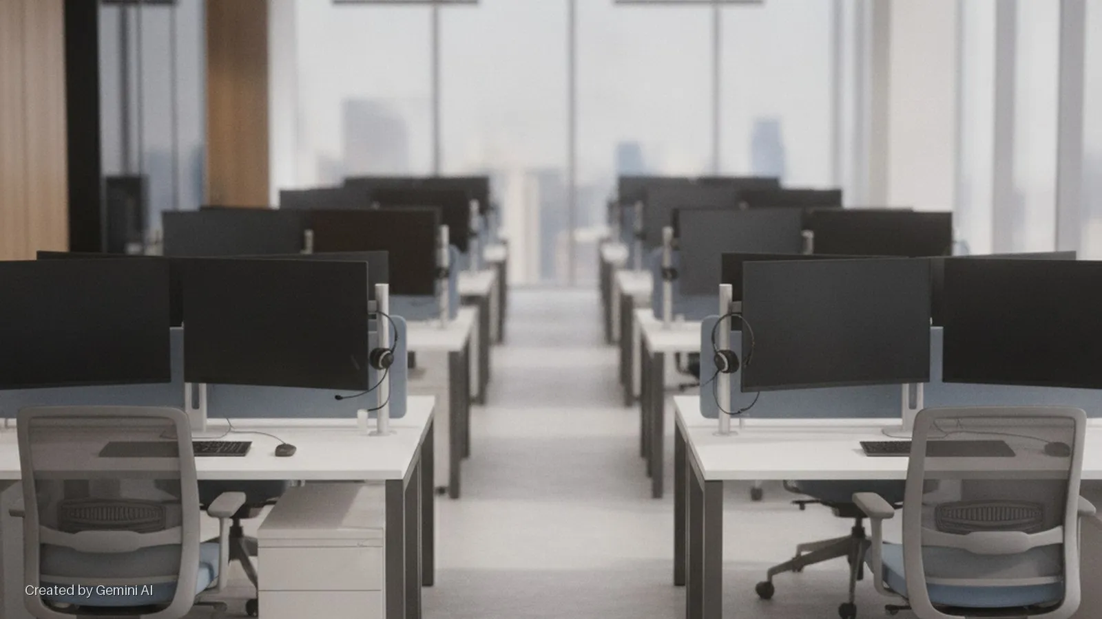 An empty, modern open-plan office features rows of white desks with grey office chairs, dual black computer monitors, keyboards, mice, and headsets, all brightly lit by natural light from large windows overlooking a city skyline.