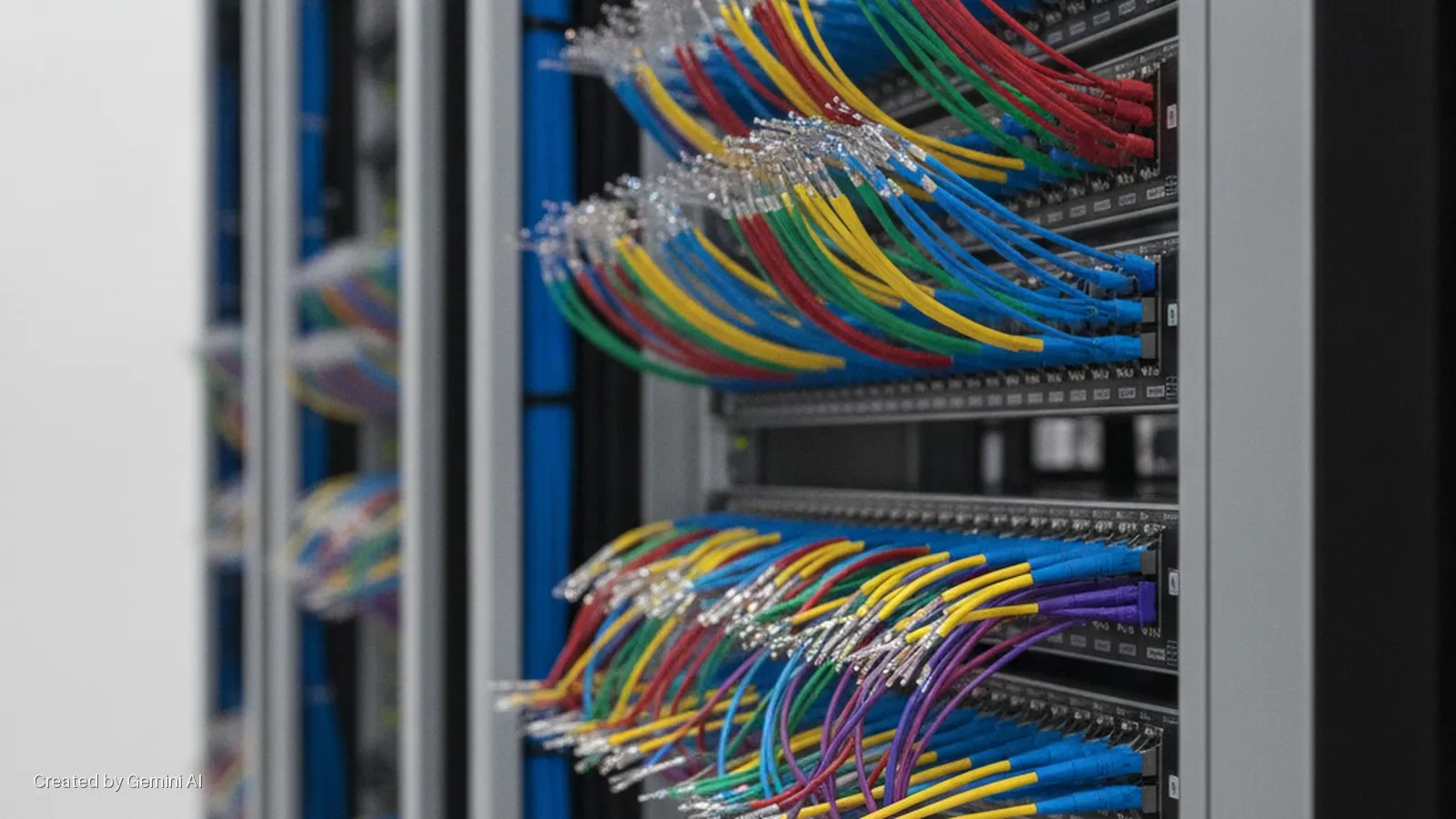 Colorful fiber optic cables connected to network switches in a brightly lit data center.