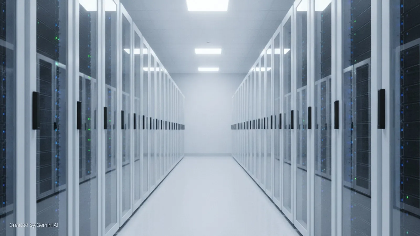 A bright, clean data center aisle extends into the distance, lined on both sides by white server cabinets with black handles and glowing blue and green indicator lights, illuminated by rectangular overhead lights.