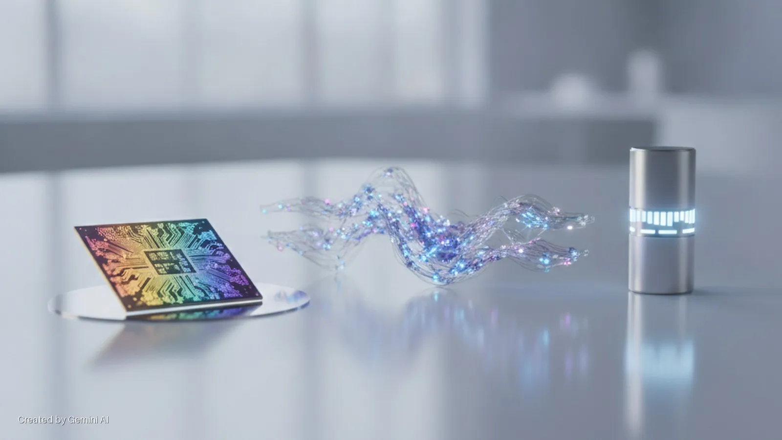 A rainbow microchip on a reflective disc, a wavy wire-like structure with blue and purple glowing particles, and a metallic cylinder with an illuminated bar display are arranged on a light-gray, reflective surface under soft, bright illumin