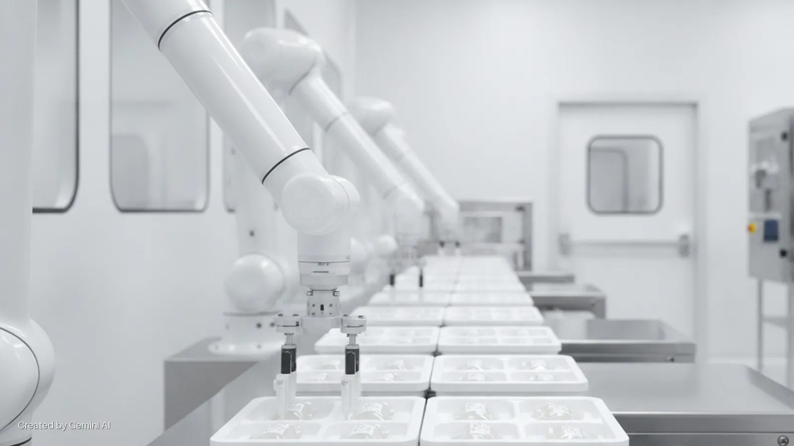 White robotic arms precisely handle small clear packages in white trays on a production line within a brightly lit, sterile cleanroom.