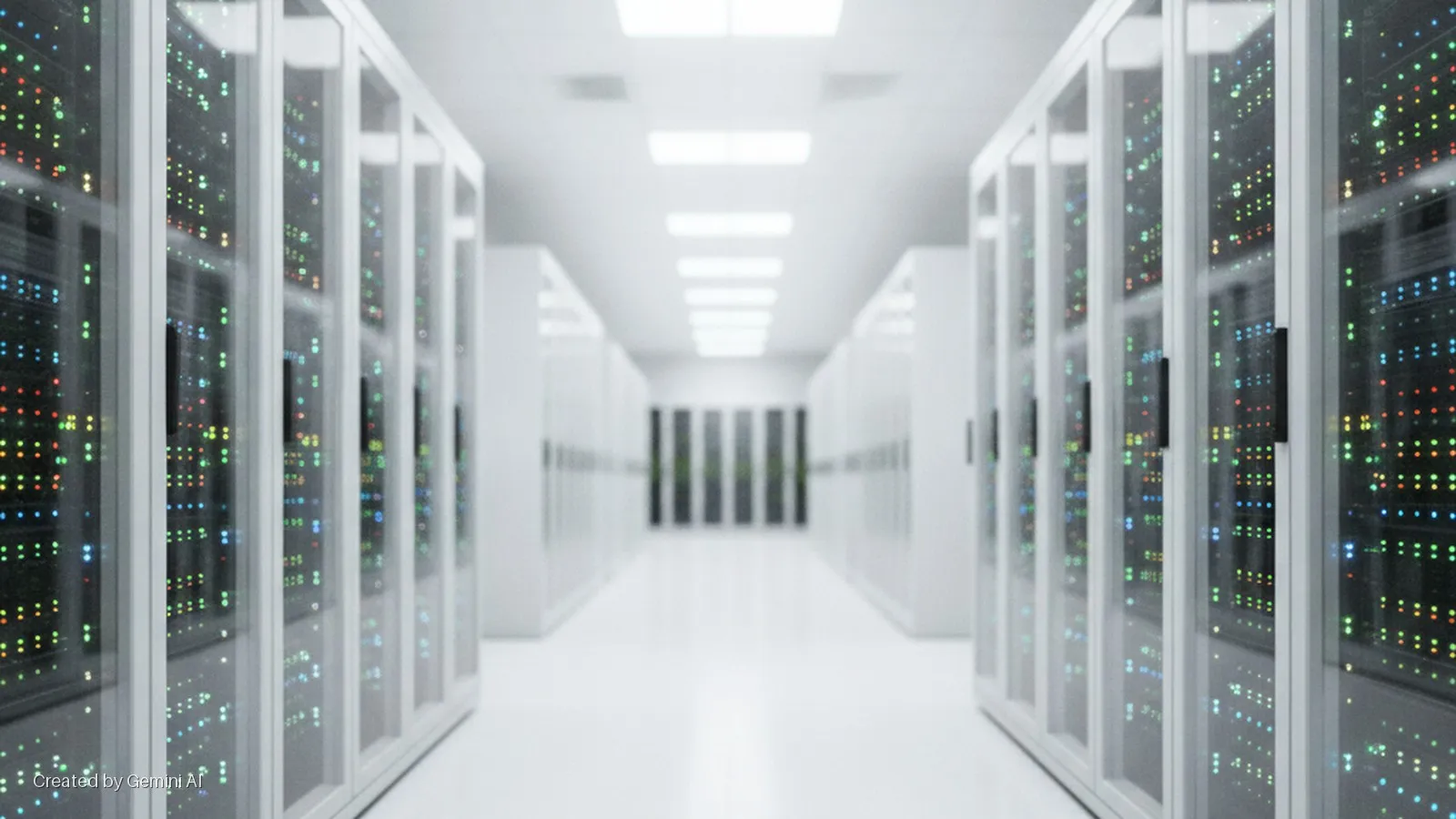 A long, brightly lit data center aisle with white server racks lining both sides, their front panels glowing with numerous colorful indicator lights.