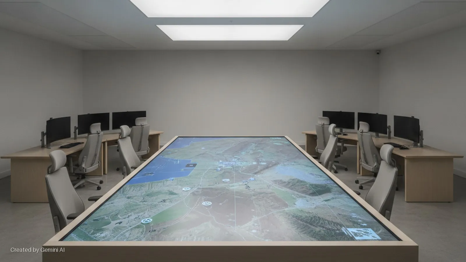 A modern control room features a large, interactive map table centrally, flanked by two workstations with multiple monitors and chairs, illuminated by bright overhead panel lights.