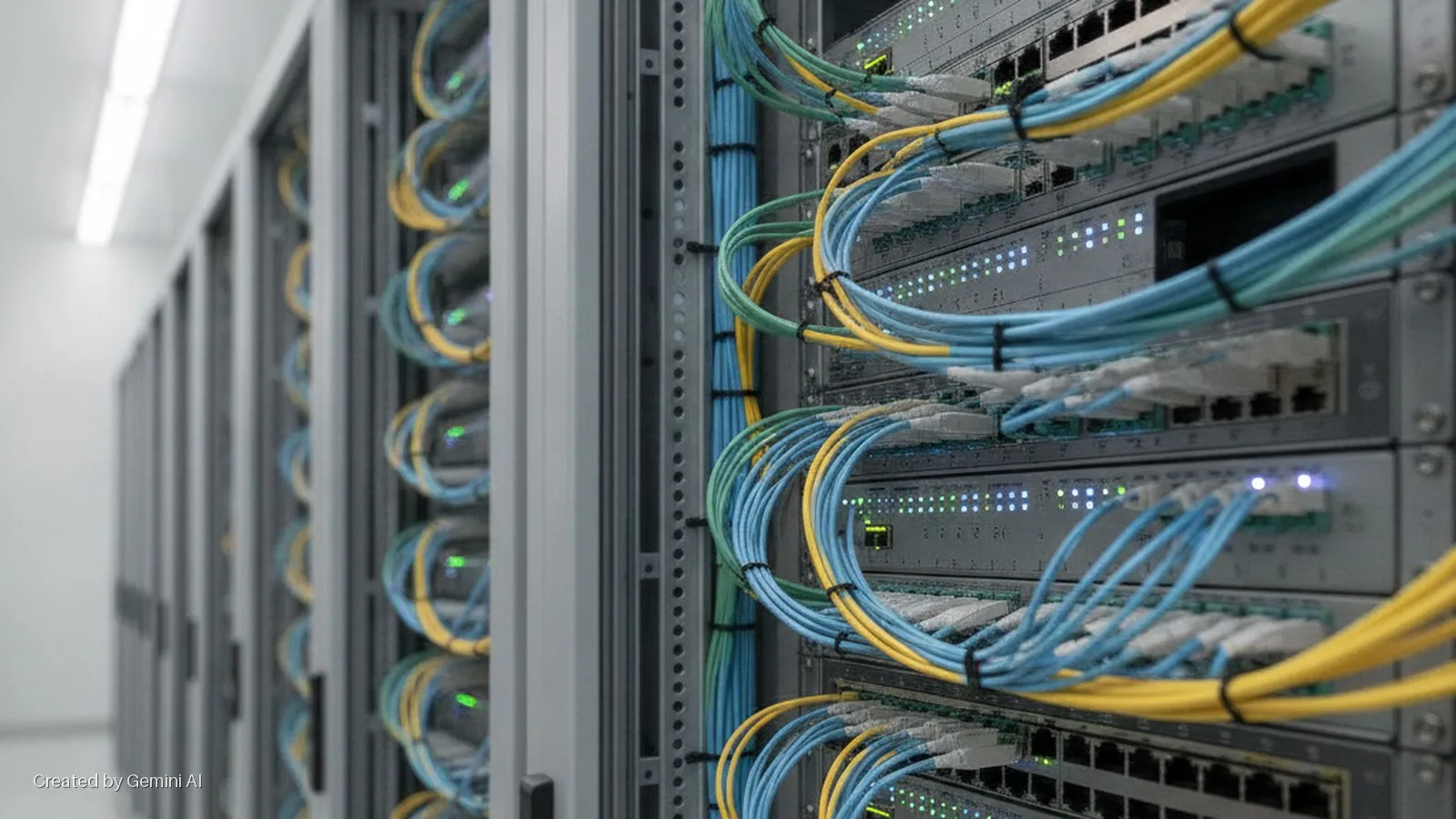 Rows of server racks stand in a brightly lit data center, with a detailed view on the right showing network switches densely populated with blue, yellow, and green fiber optic cables neatly plugged into ports, their active LEDs glowing.