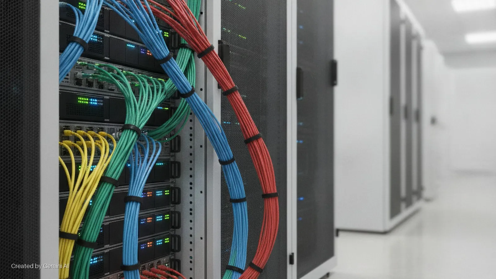 Neatly bundled red, blue, green, and yellow network cables connect illuminated server racks in a brightly lit data center.