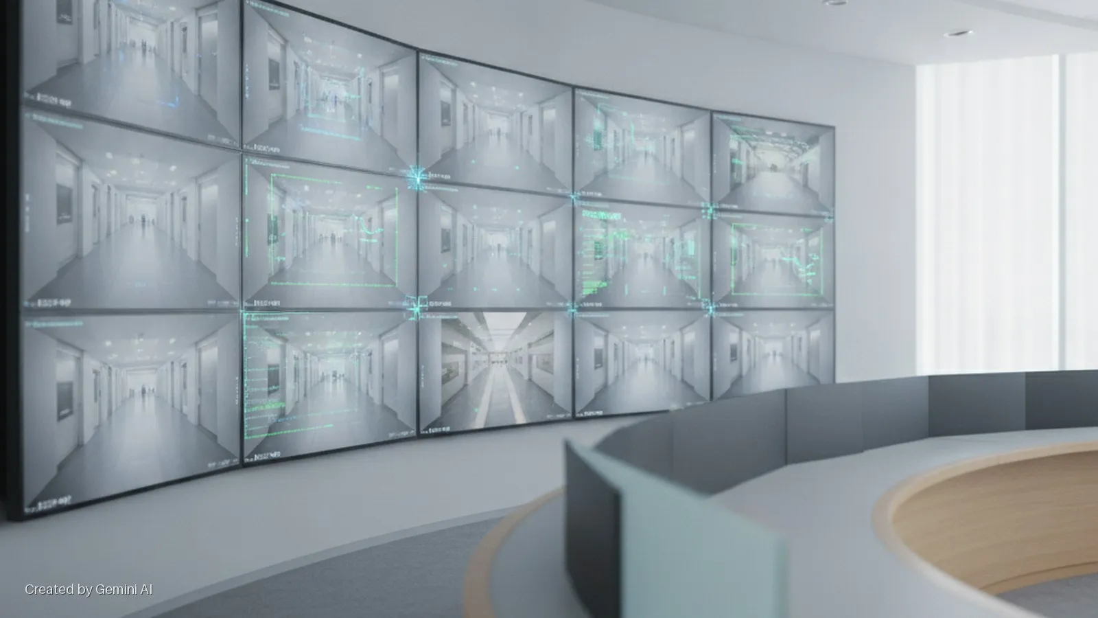 A bright, modern security control room features a large curved video wall displaying 15 surveillance feeds of white hallways, some with green digital analysis overlays, and a curved light wood control desk in the foreground.