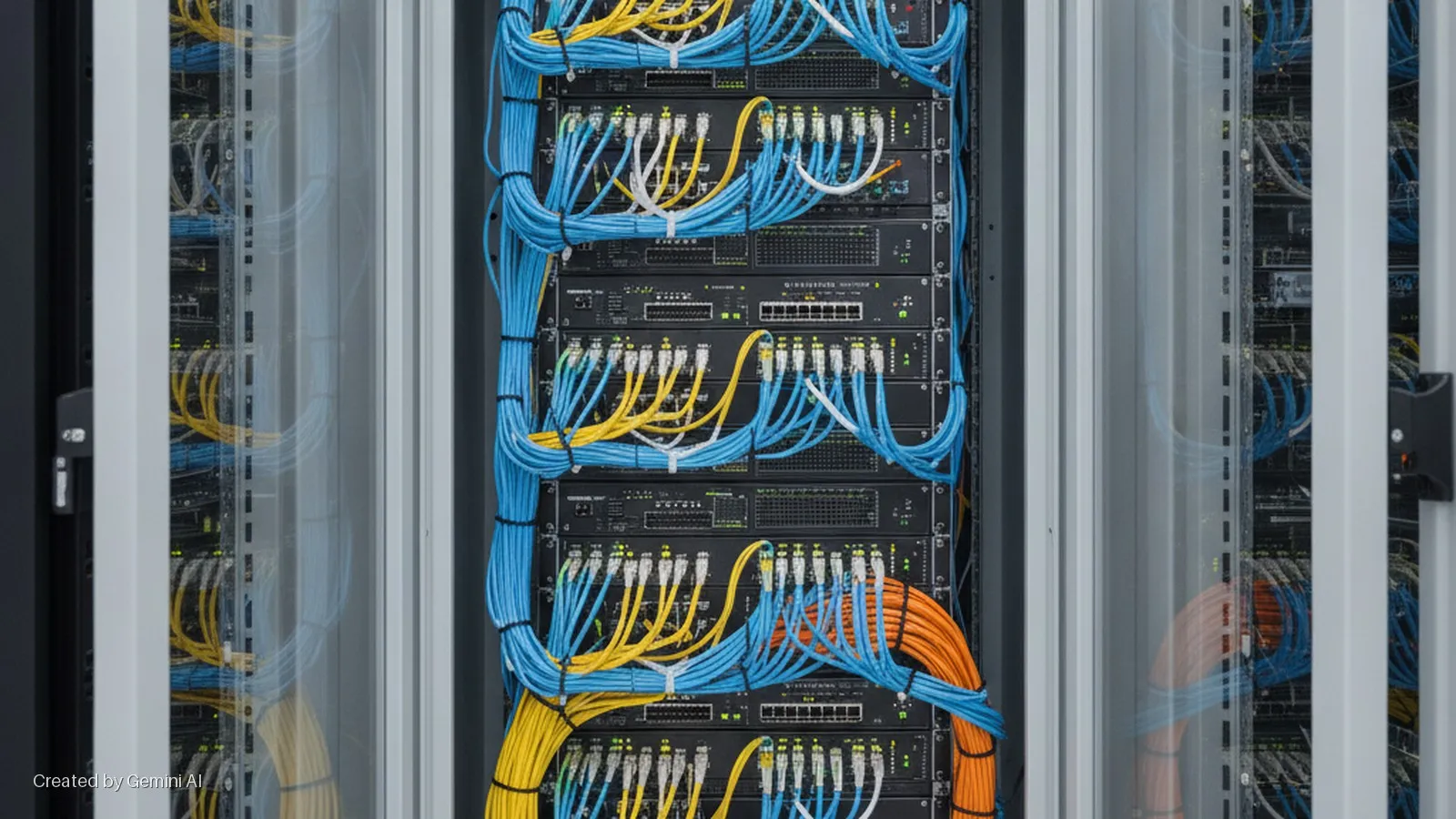 Multiple server racks in a brightly lit data center, with a central cabinet showcasing network switches neatly connected by bundled blue, yellow, and orange Ethernet cables.