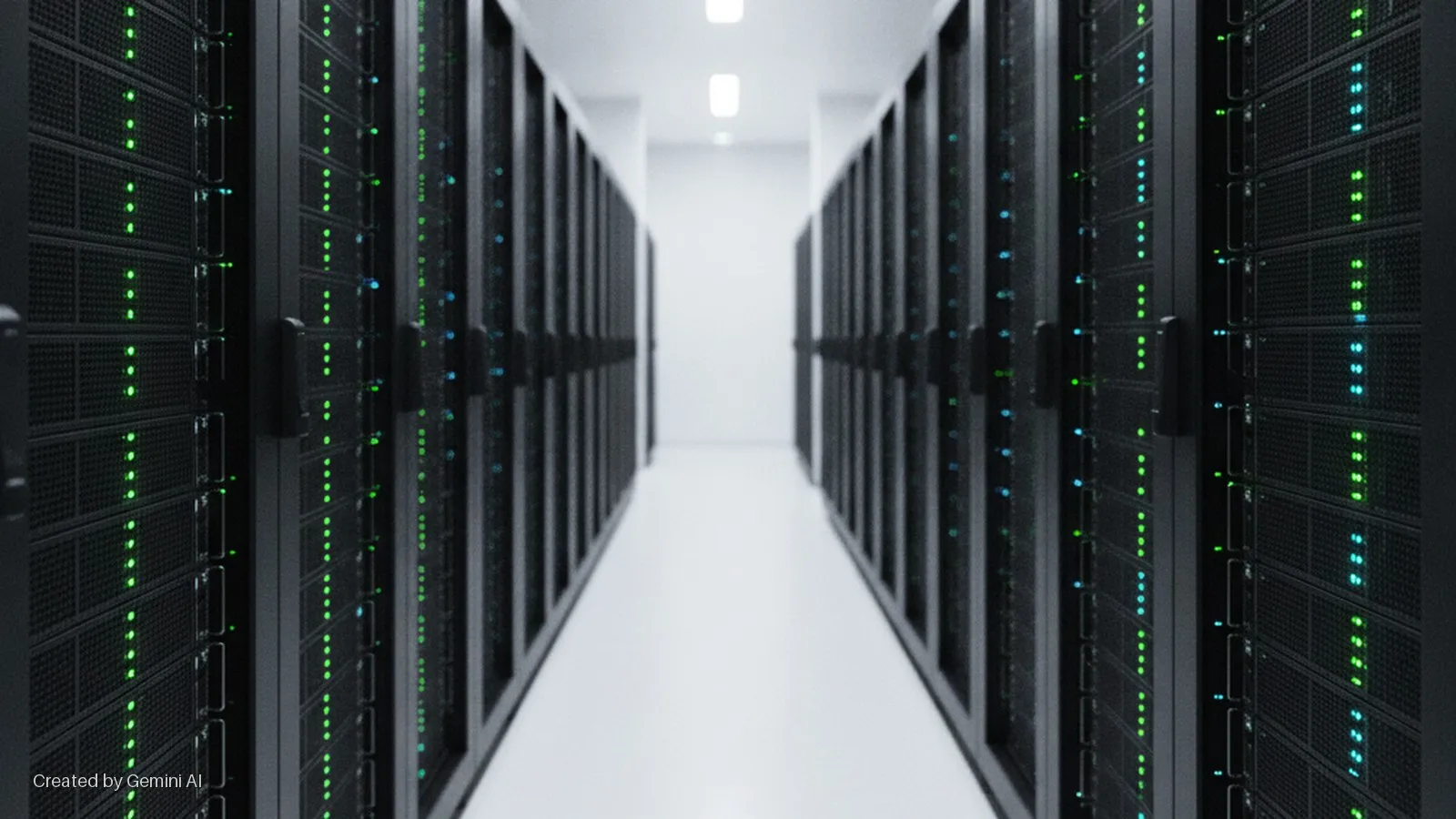 A long, brightly lit data center aisle extends into the distance, flanked on both sides by tall server racks with numerous blinking green and some blue indicator lights.