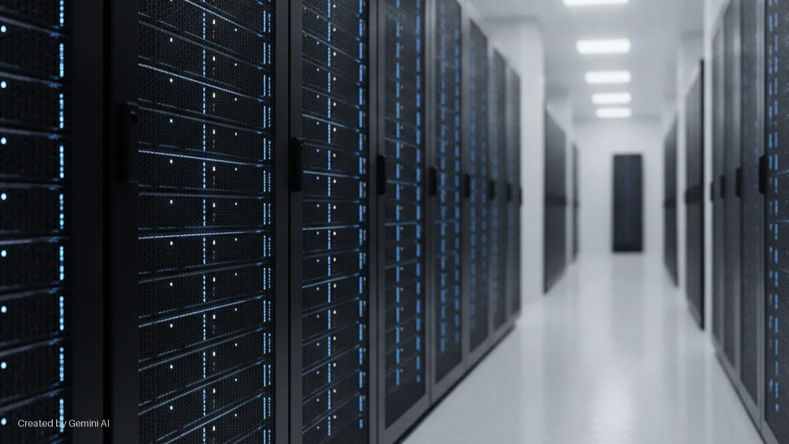 Rows of black server racks with glowing blue and orange indicator lights line a brightly lit white hallway in a data center, leading to a blurred dark doorway at the end.