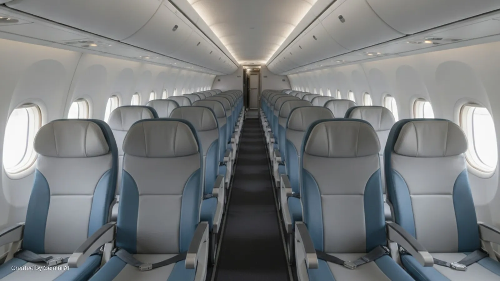 Empty, brightly lit airplane cabin interior featuring rows of blue and grey passenger seats, windows along the sides, and an aisle leading to a door at the rear.