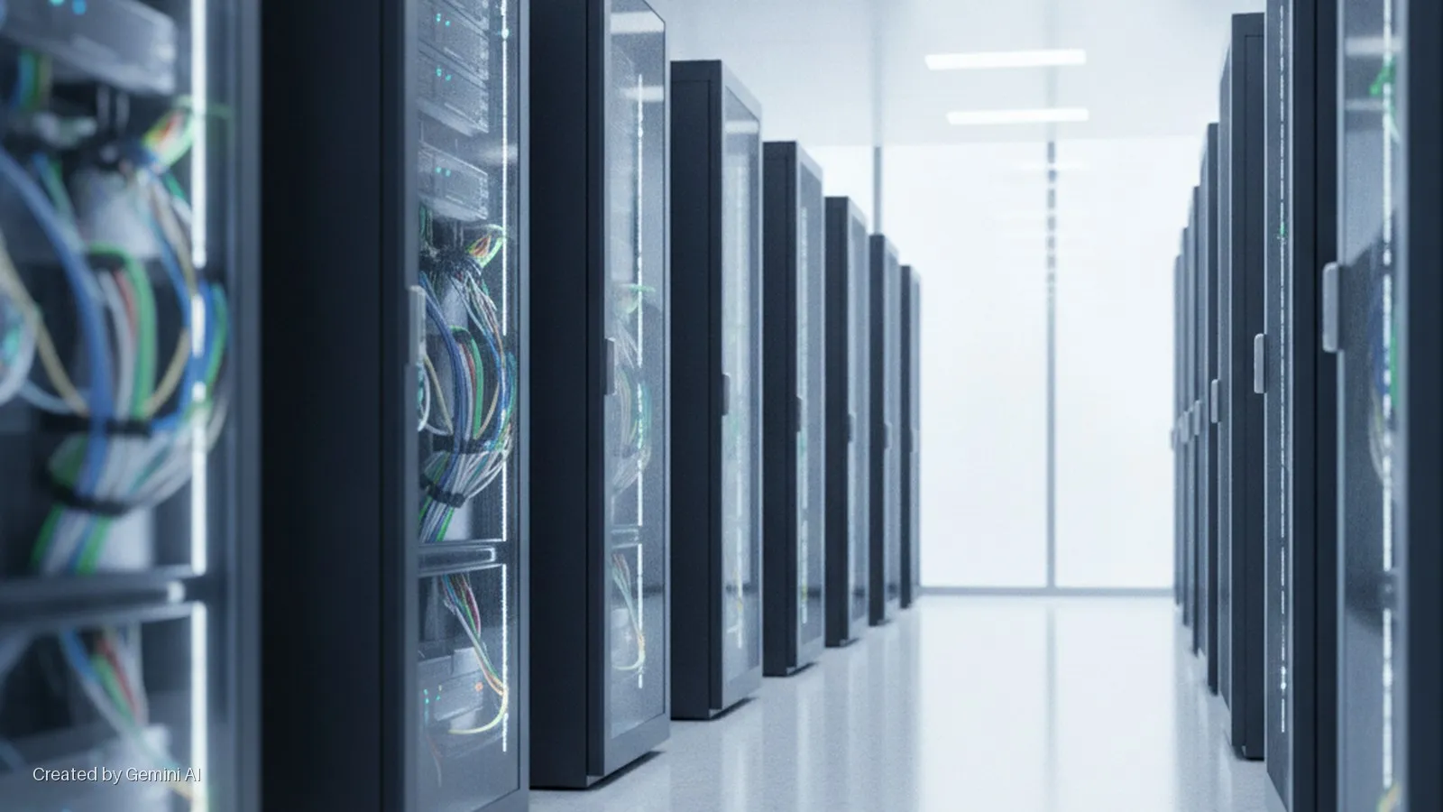 A brightly lit data center aisle features parallel rows of dark server racks, with the foreground racks displaying colorful network cables and glowing internal lights through their glass doors on a reflective floor.