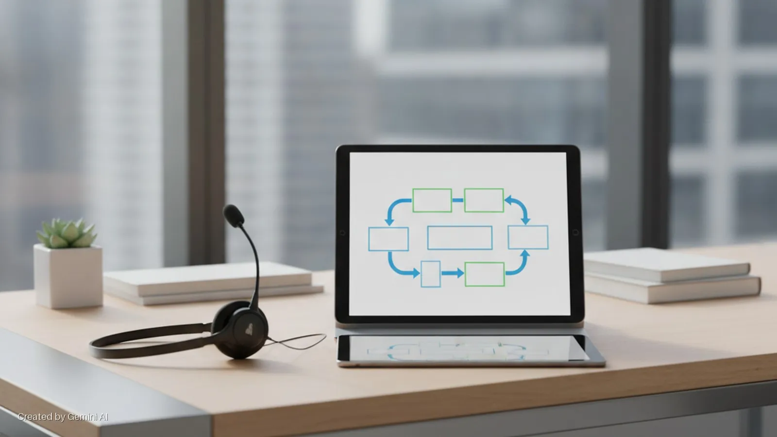 A black headset, a potted succulent, and white books are on a wooden desk, with a tablet displaying a flowchart and another tablet beneath it, in front of blurred city windows.