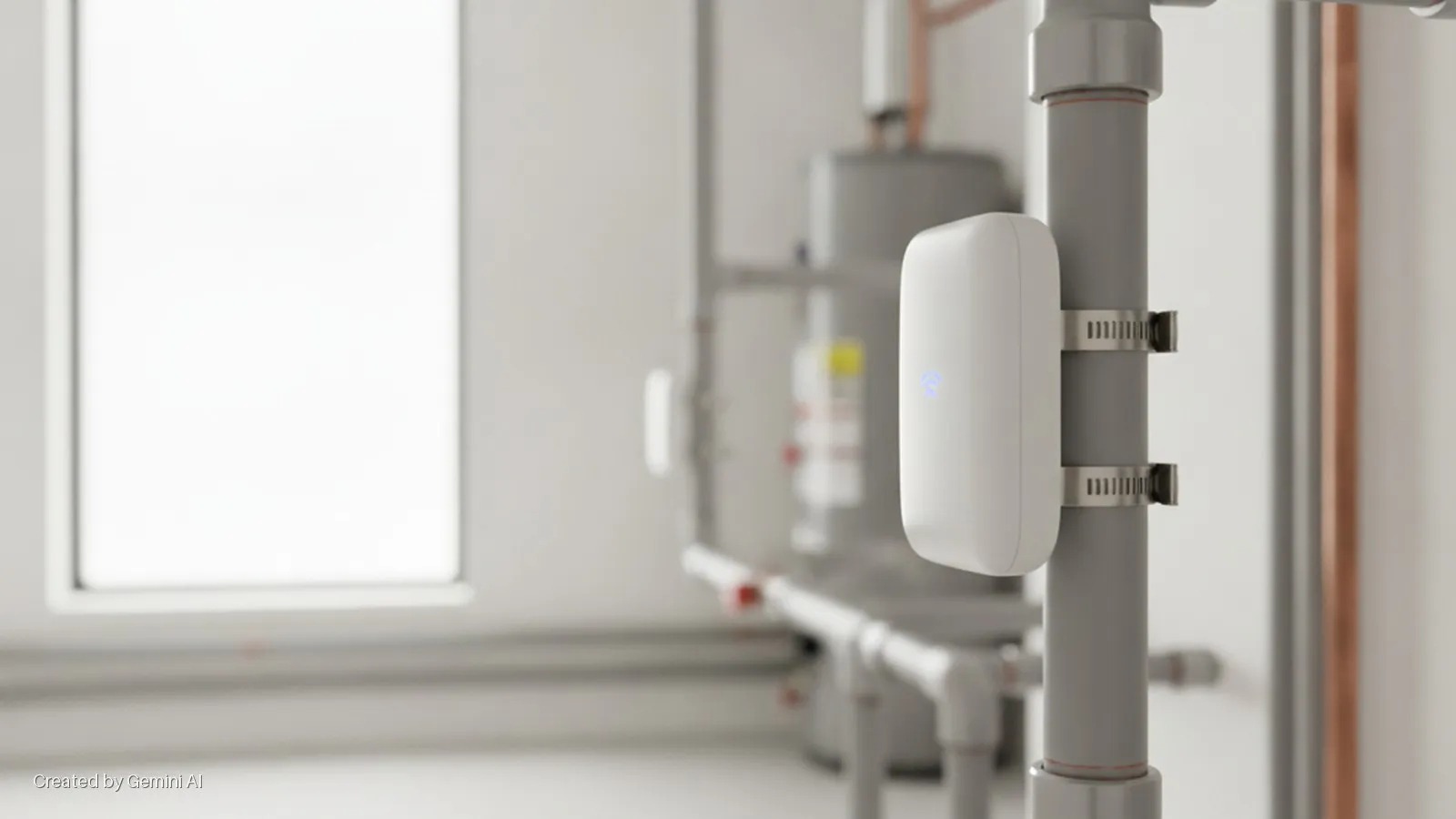 A white rectangular device with a blue Wi-Fi indicator light is clamped to a gray pipe in a brightly lit utility room with a water heater, copper and white plumbing, and a window.