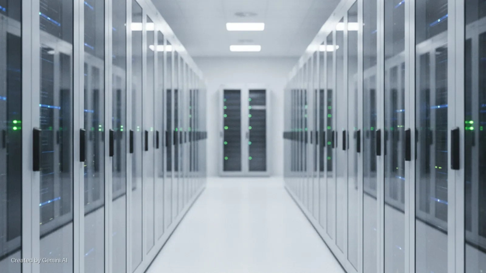 A brightly lit data center aisle features symmetrical rows of server racks with glowing green and blue indicator lights visible through their glass doors.