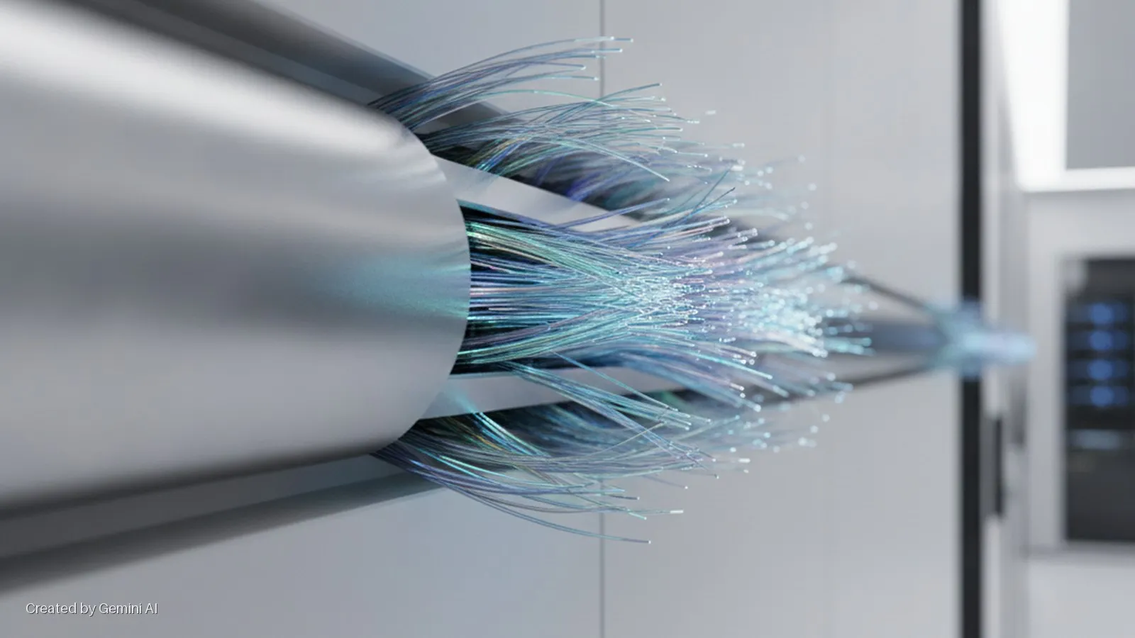 A bundle of glowing blue and purple fiber optic cables emerges from a grey conduit, extending towards blurred server racks in a brightly lit data center.